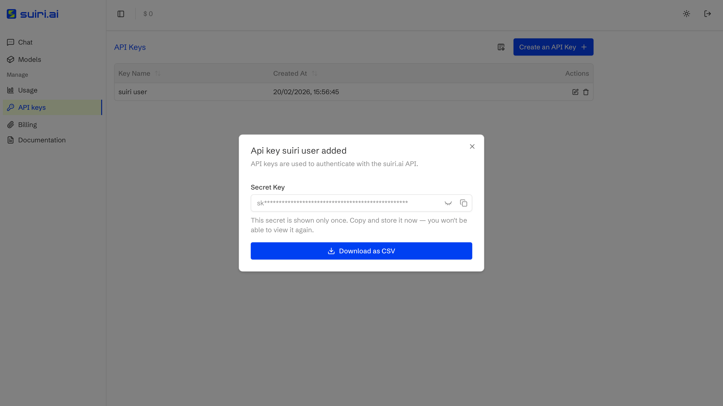 API key generated modal showing secret key