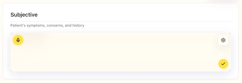 Subjective SOAP section with patient symptoms description; Suki in-field dictation active with microphone, settings gear, and checkmark submit in the note container.