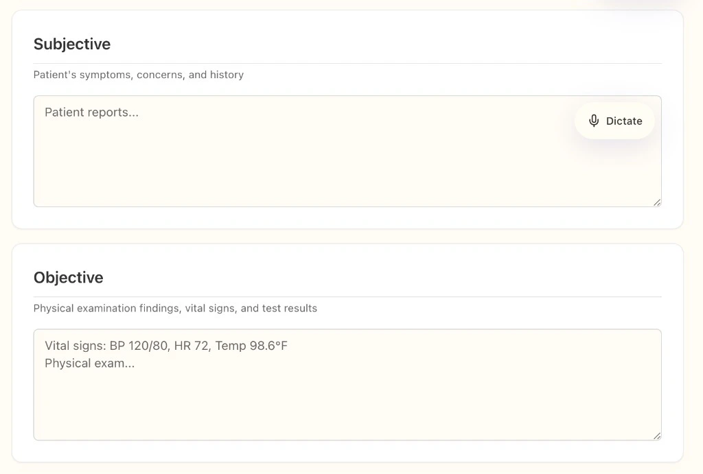Subjective and Objective SOAP sections; Subjective shows placeholder text and a Dictate button with microphone in the field header area; Objective shows sample vitals and exam placeholder.