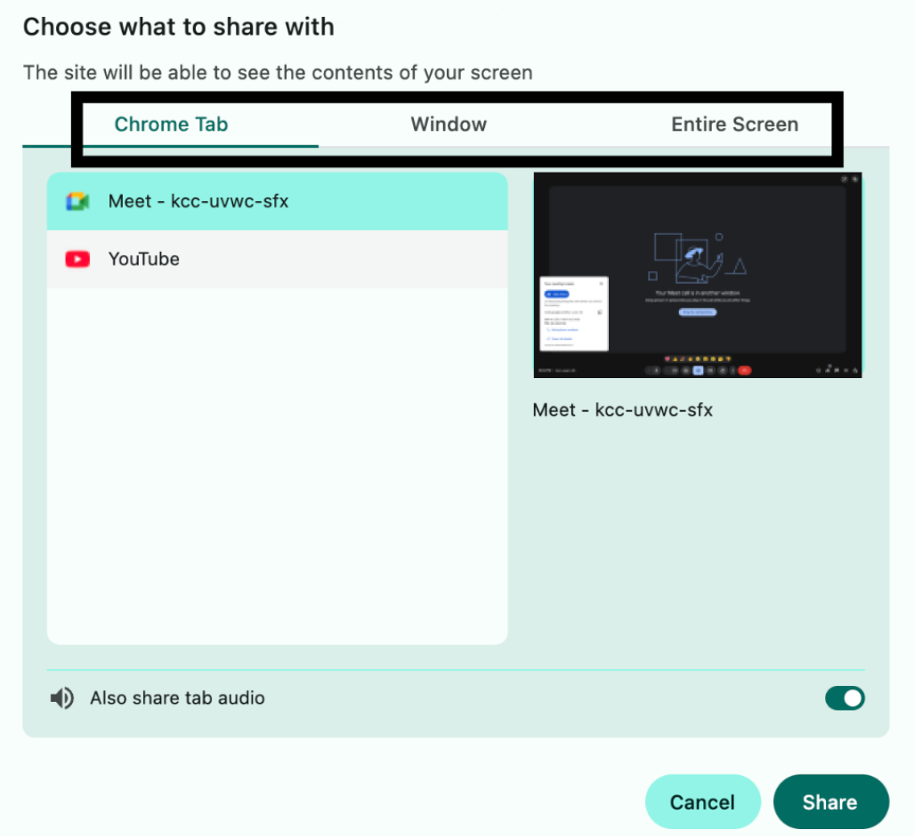 The browser modal to select a screen, window, or tab to share.