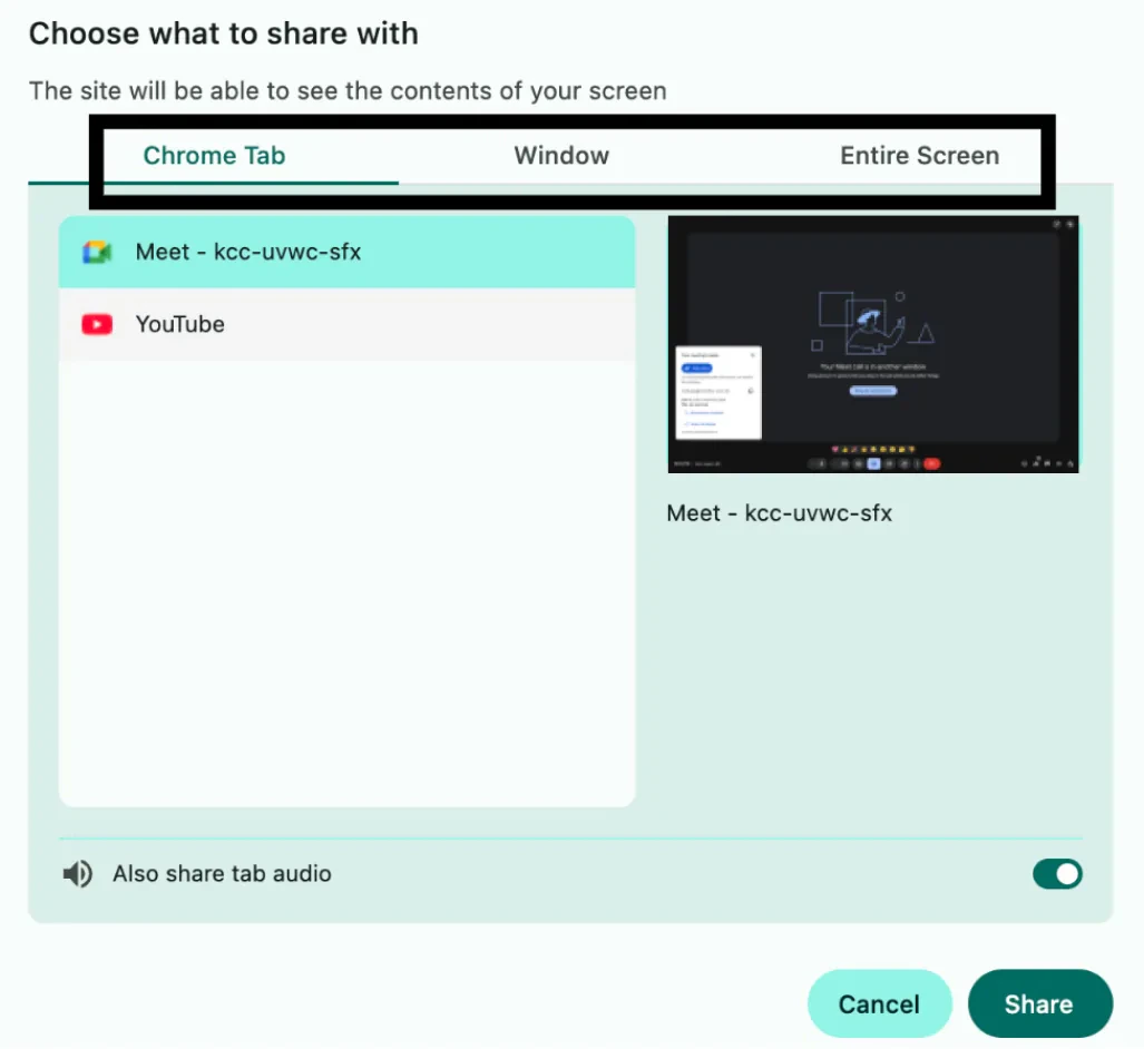 The browser modal to select a screen, window, or tab to share.