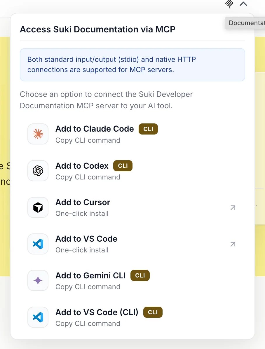 Documentation MCP dropdown in the top navigation bar with install and copy actions for Cursor, VS Code, CLI tools, and MCP URL