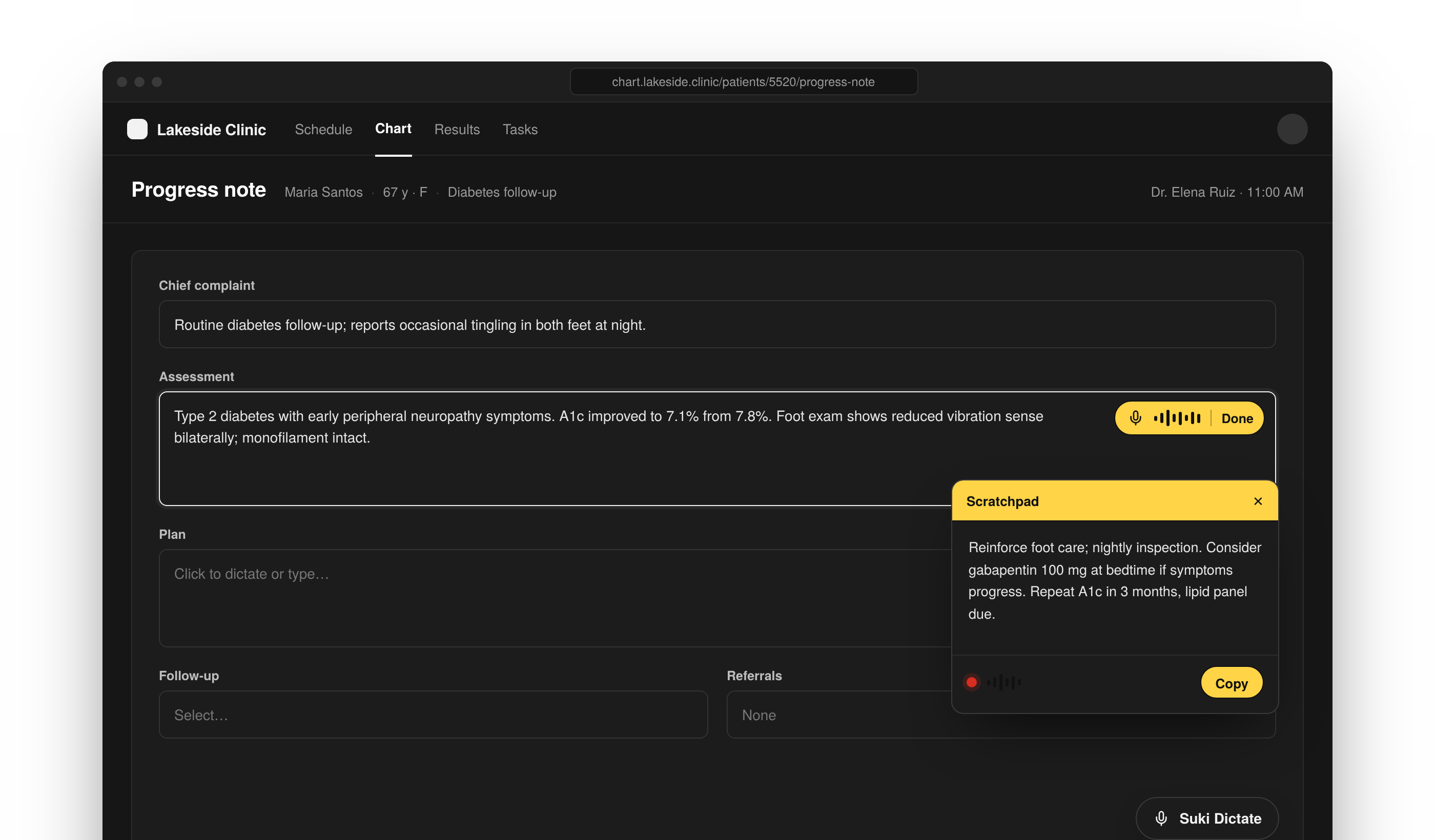 Dictation SDK In-field and Scratchpad UI in a progress note