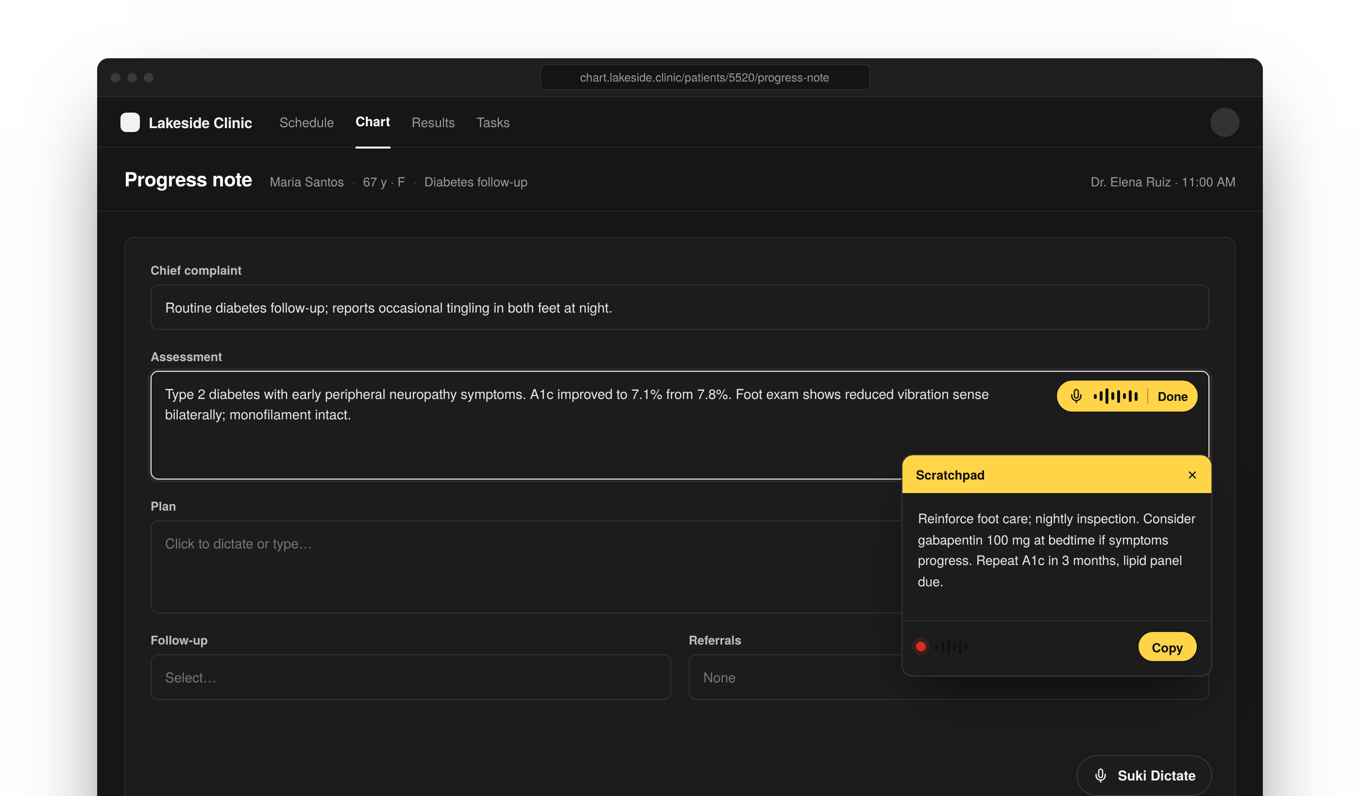 Dictation SDK In-field and Scratchpad UI in a progress note