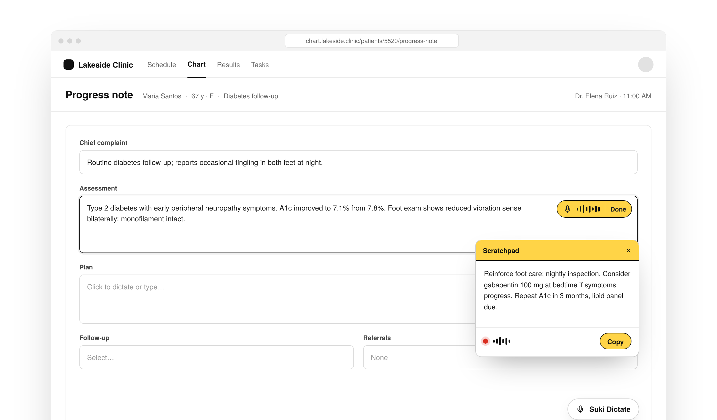 Dictation SDK In-field and Scratchpad UI in a progress note