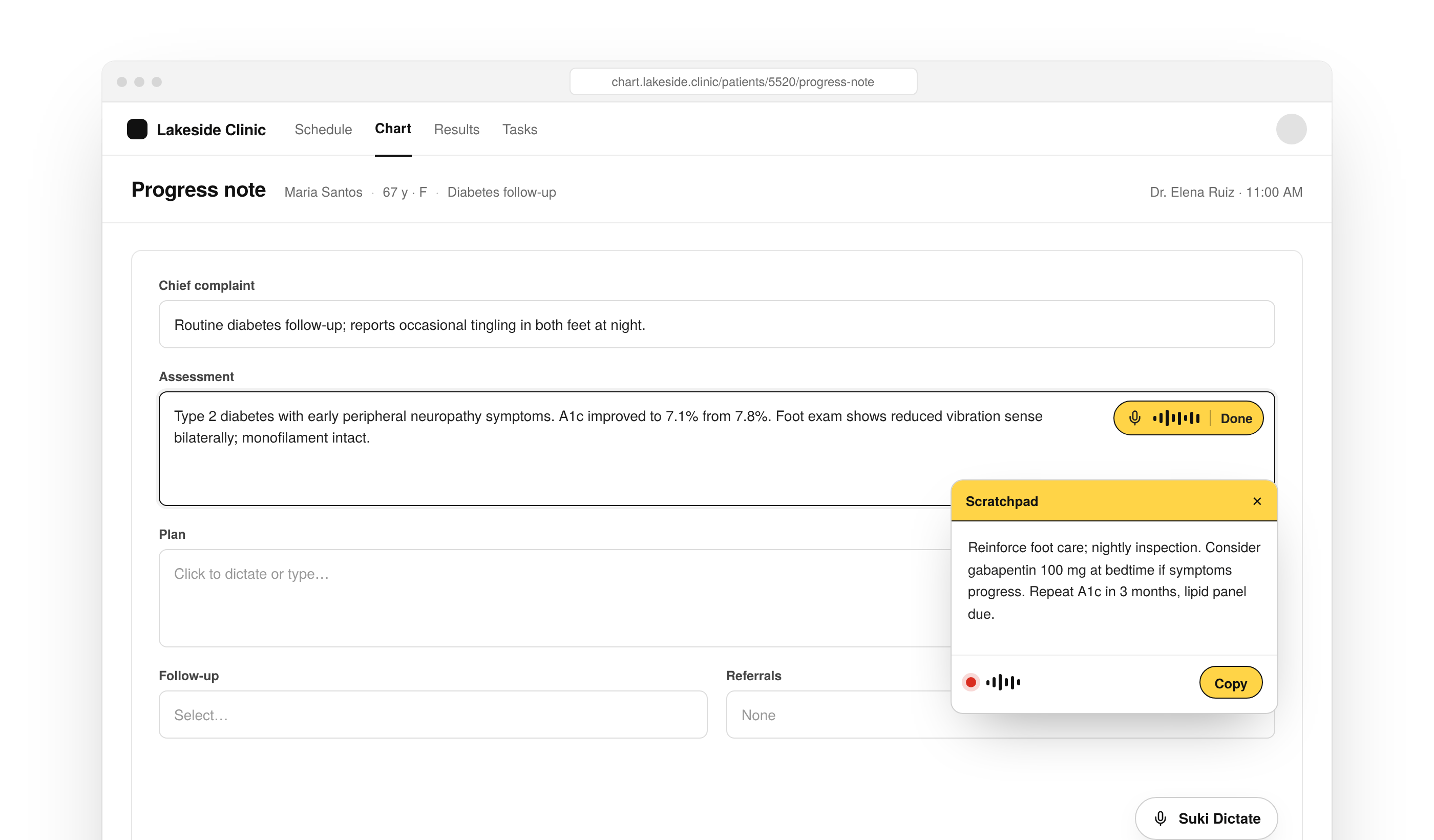 Dictation SDK In-field and Scratchpad UI in a progress note