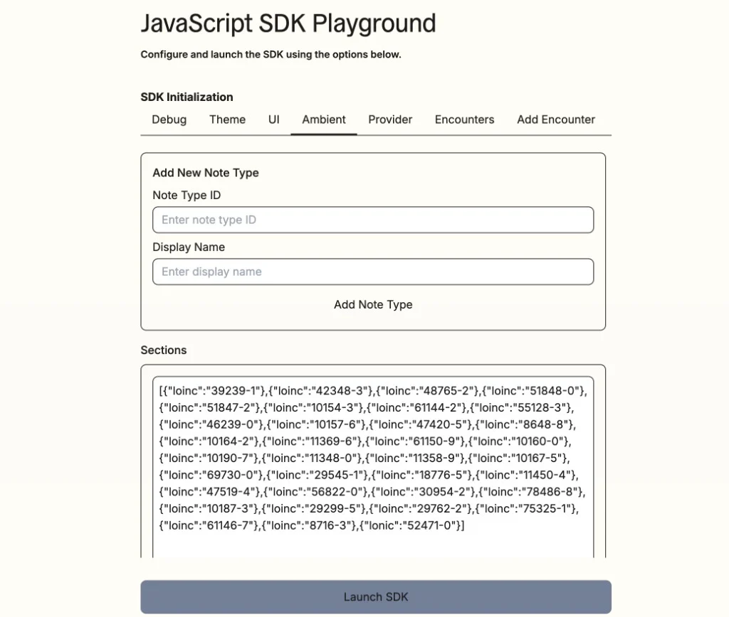 JavaScript SDK Playground Ambient tab with LOINC codes in the Sections field