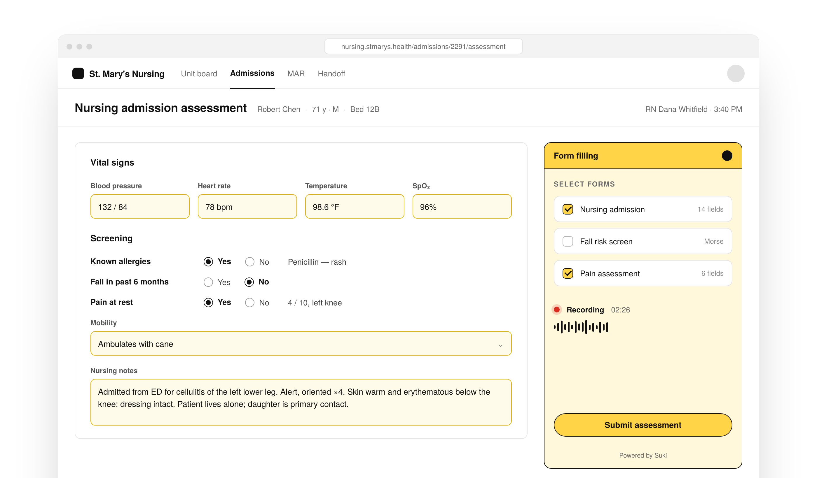 Form filling SDK panel filling a nursing admission assessment