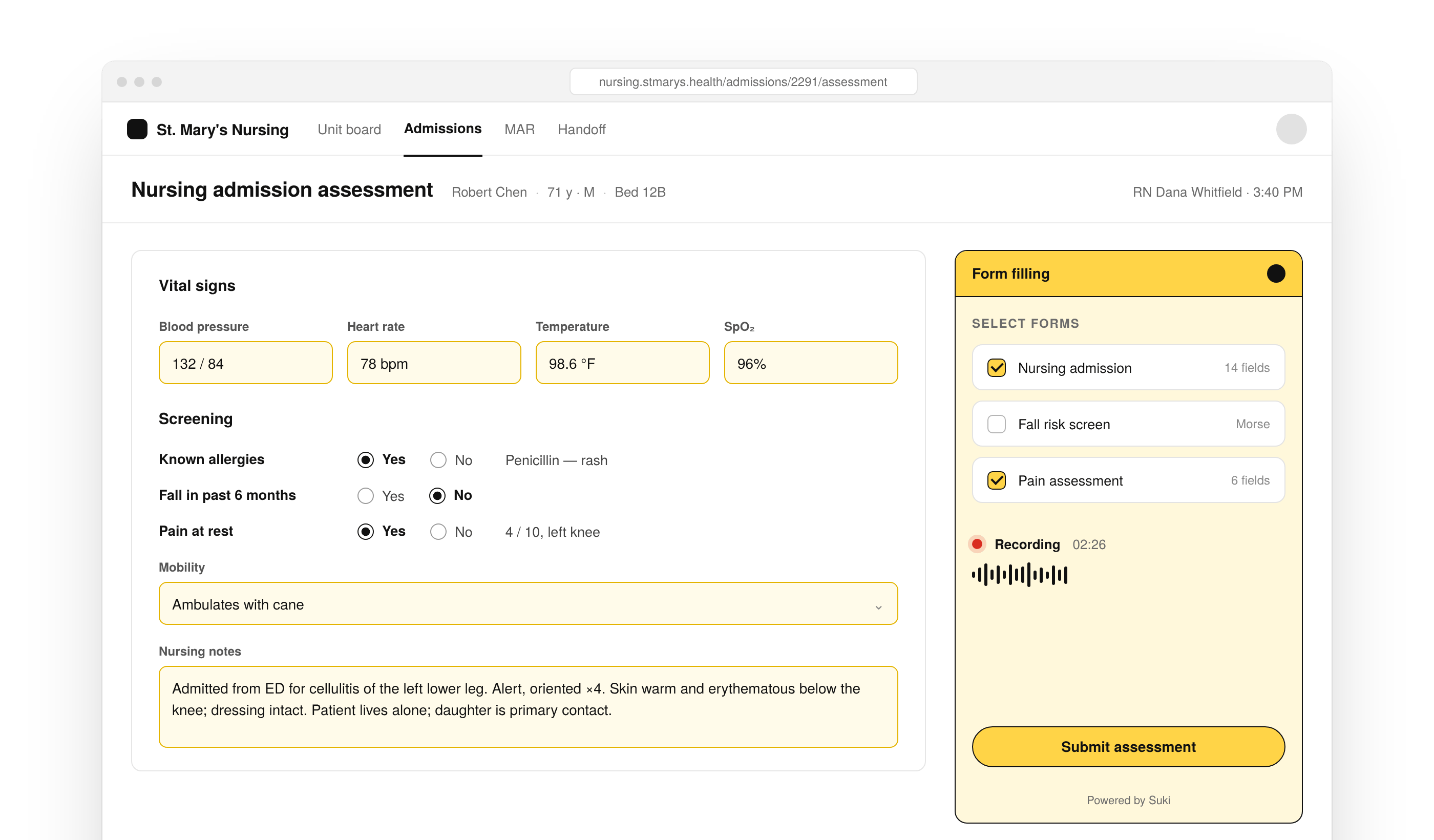 Form filling SDK panel filling a nursing admission assessment