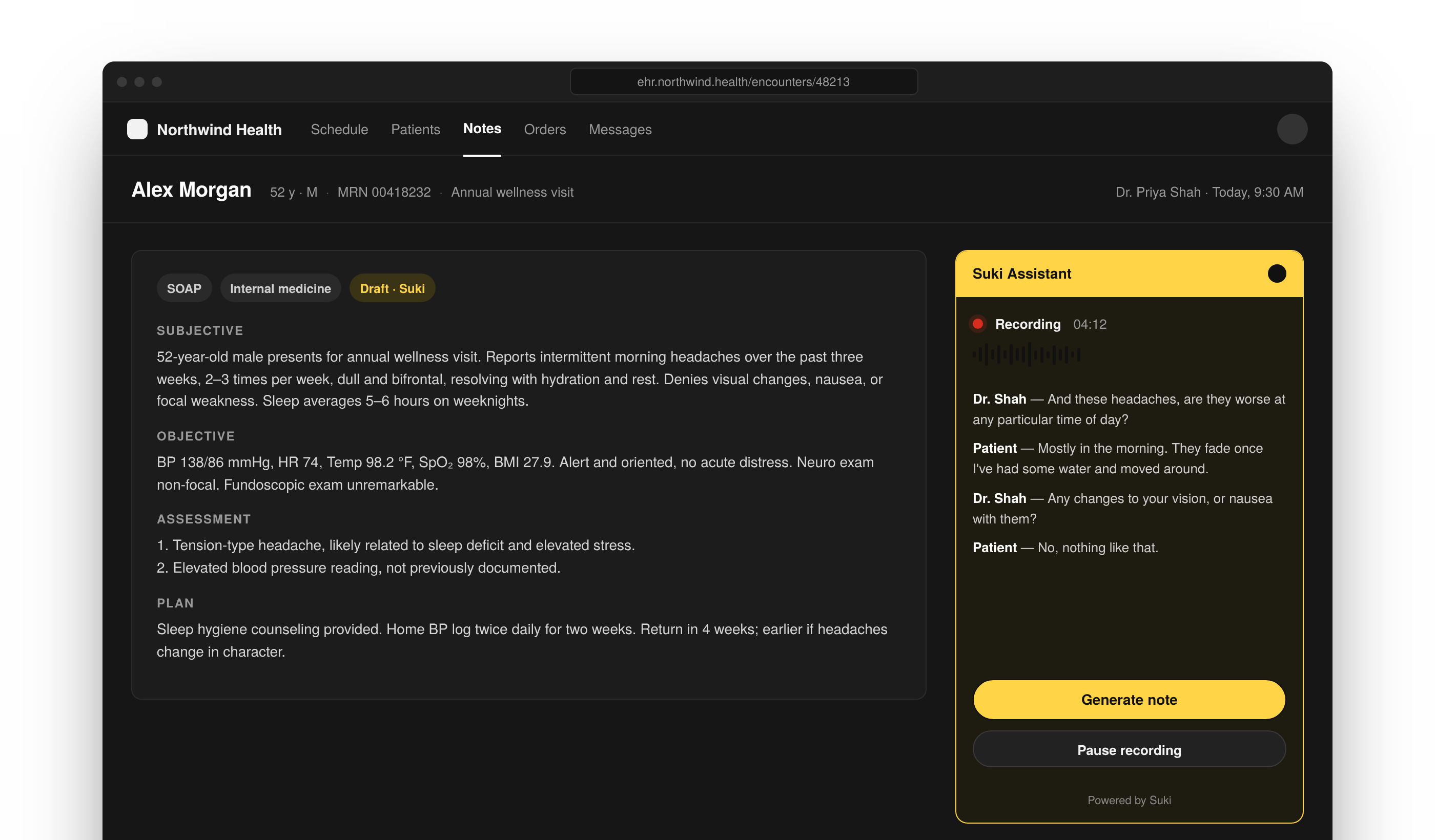 Suki Web SDK Ambient assistant embedded in a clinical note