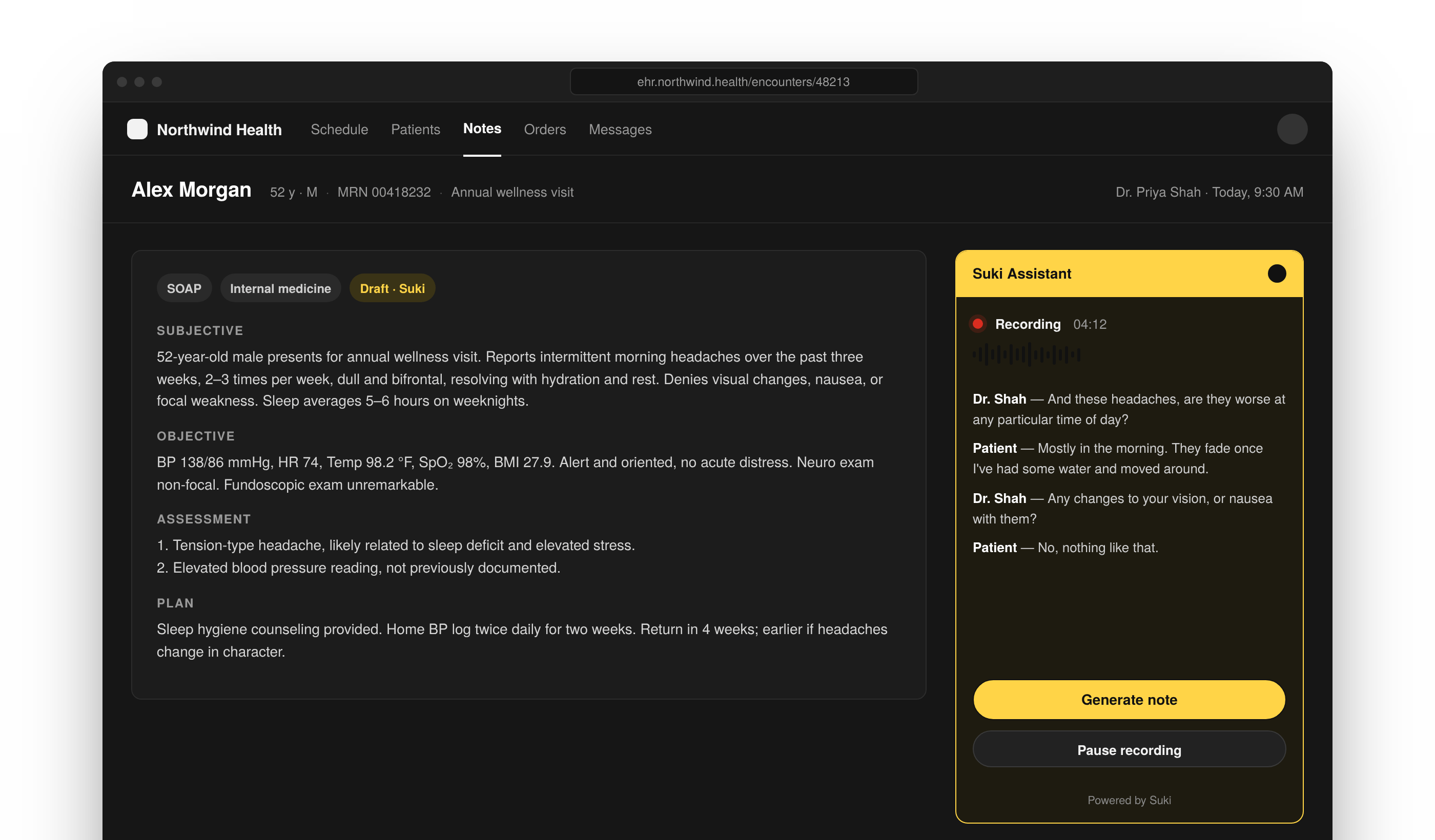 Suki Web SDK Ambient assistant embedded in a clinical note