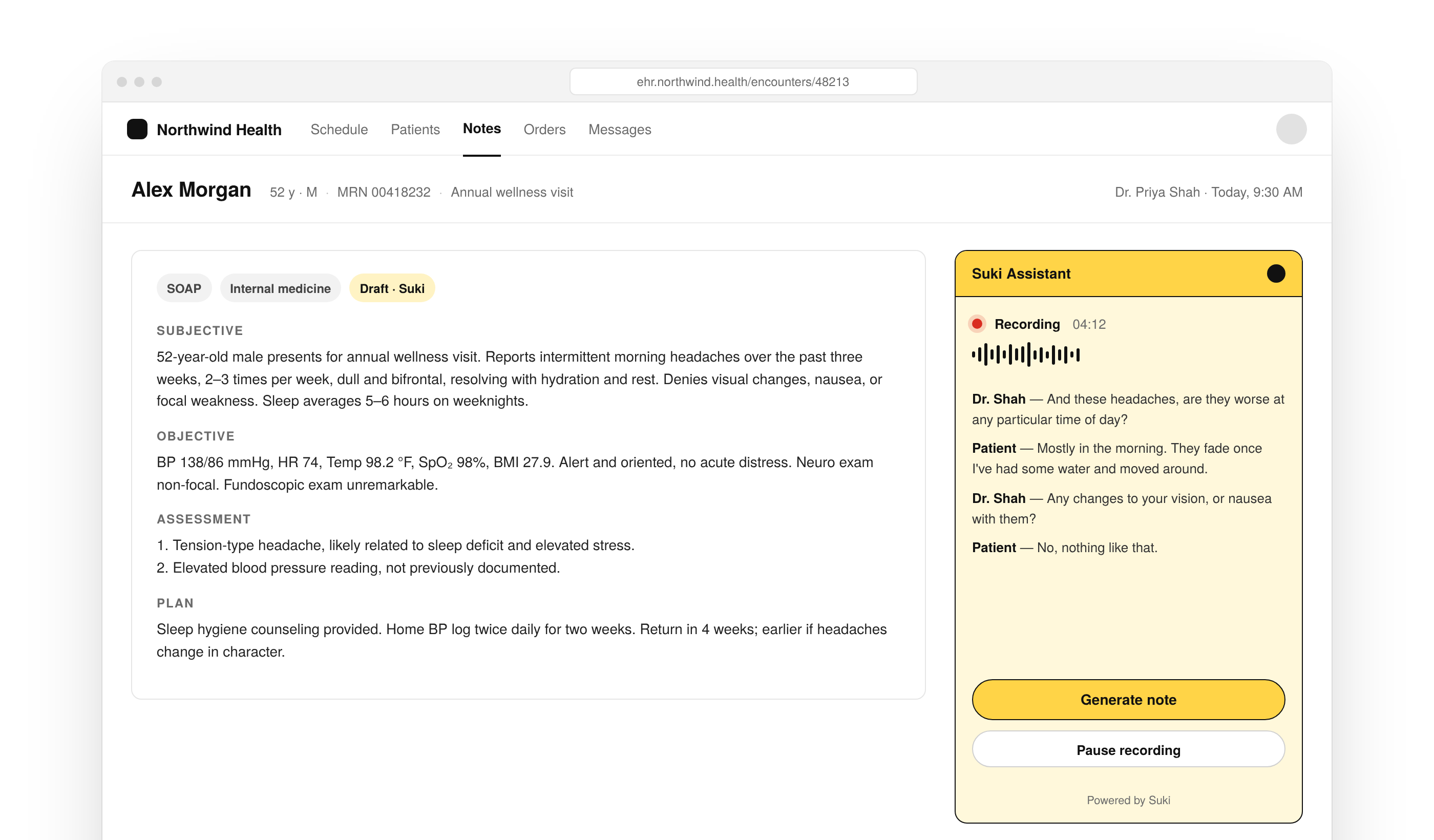 Suki Web SDK Ambient assistant embedded in a clinical note
