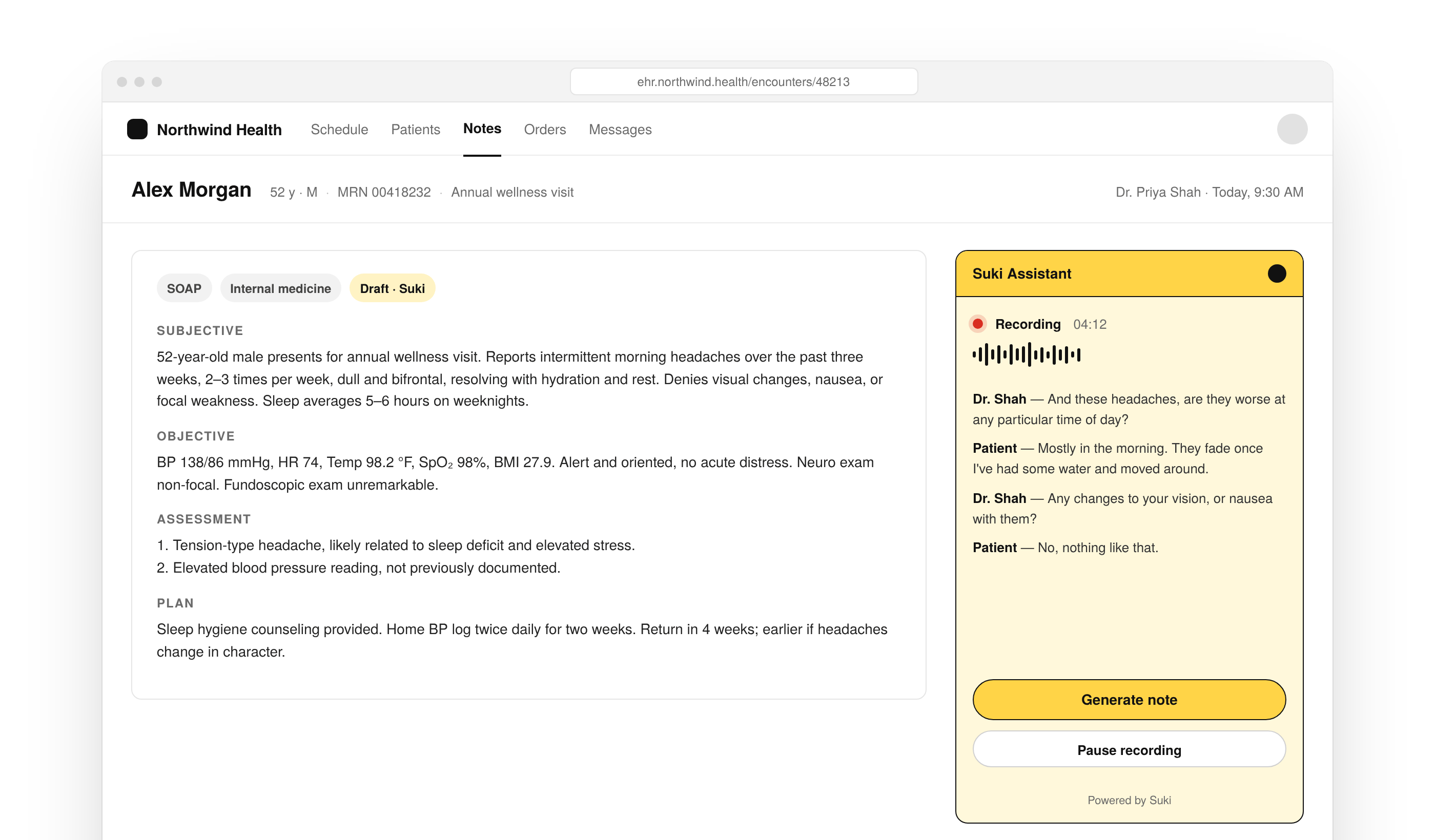 Suki Web SDK Ambient assistant embedded in a clinical note