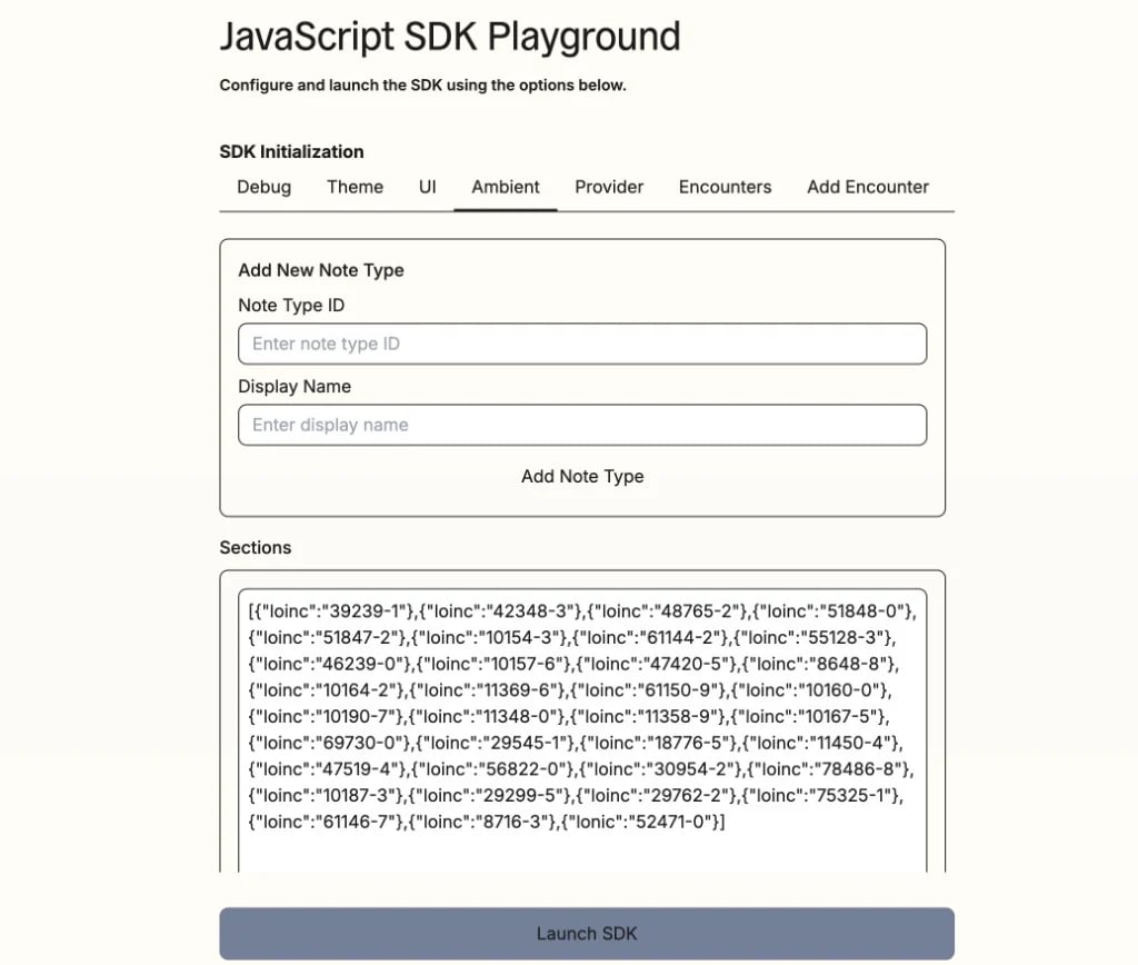 JavaScript SDK Playground ambient tab with LOINC codes in the Sections field