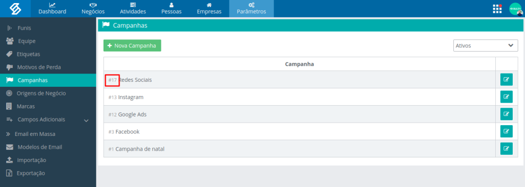 Tela Campanhas no módulo de Expansão, com o código #17 destacado antes do nome da campanha Redes Sociais