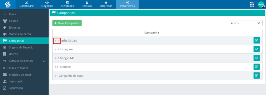 Tela Campanhas no módulo de Expansão, com o código #17 destacado antes do nome da campanha Redes Sociais
