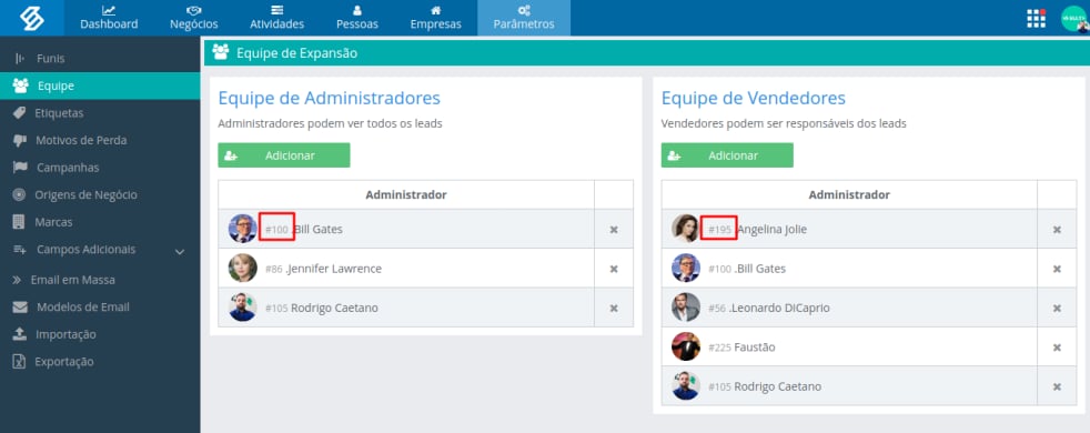 Tela Equipe de Expansão, com as listas de administradores e vendedores e o código de cada pessoa destacado antes do nome