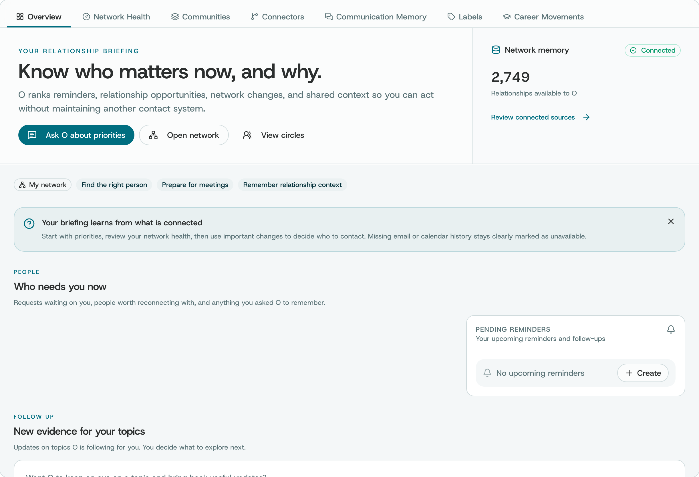 The Insights overview: your relationship briefing, the Network memory card, and the Who needs you now and New evidence for your topics sections