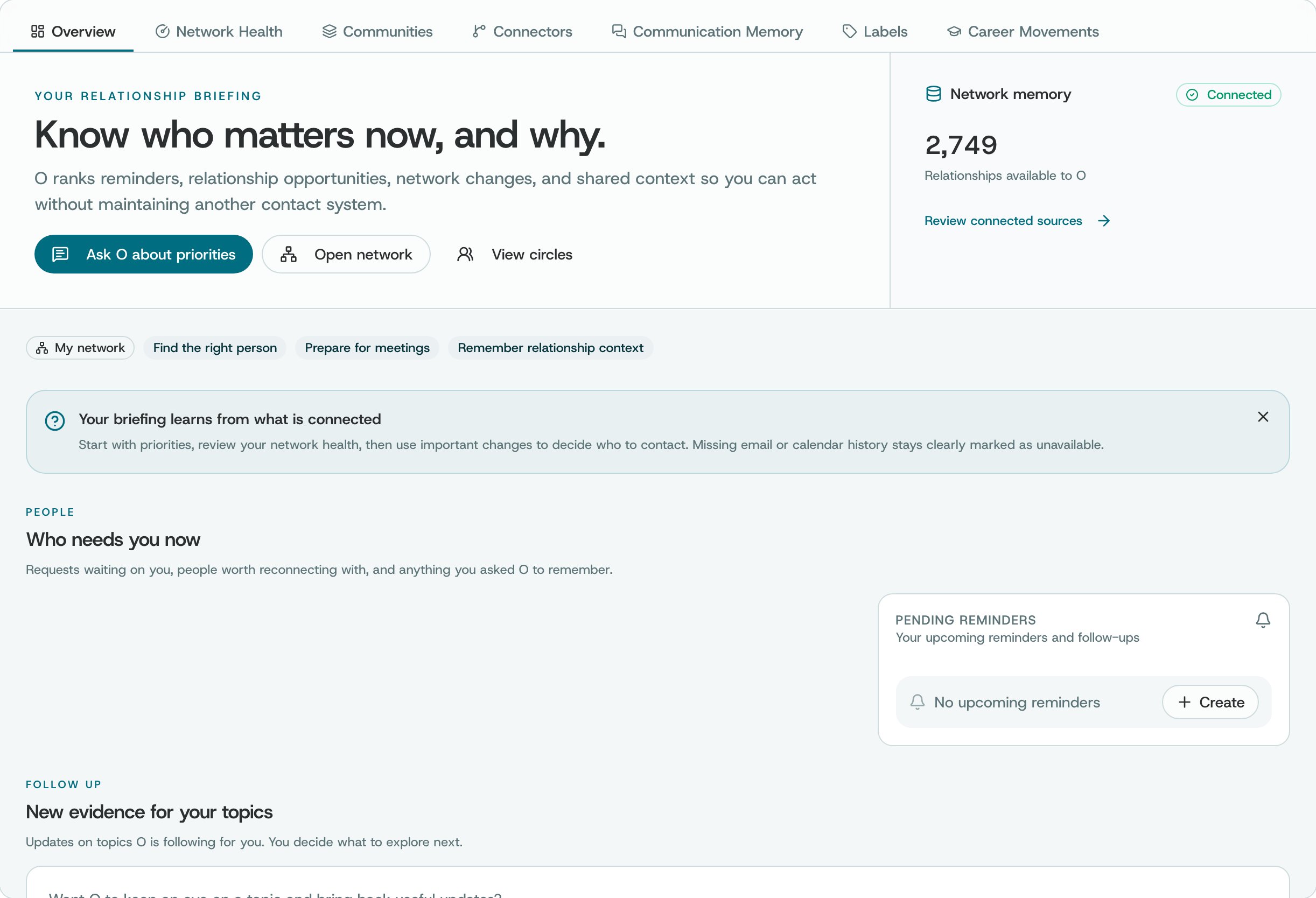 The Insights overview: your relationship briefing, the Network memory card, and the Who needs you now and New evidence for your topics sections