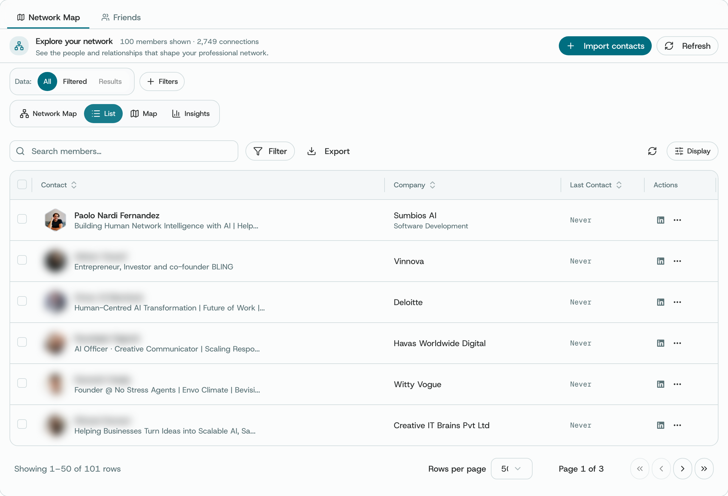 The Network page in List view: search, Filter, Export, and a table of contacts with company and last contact