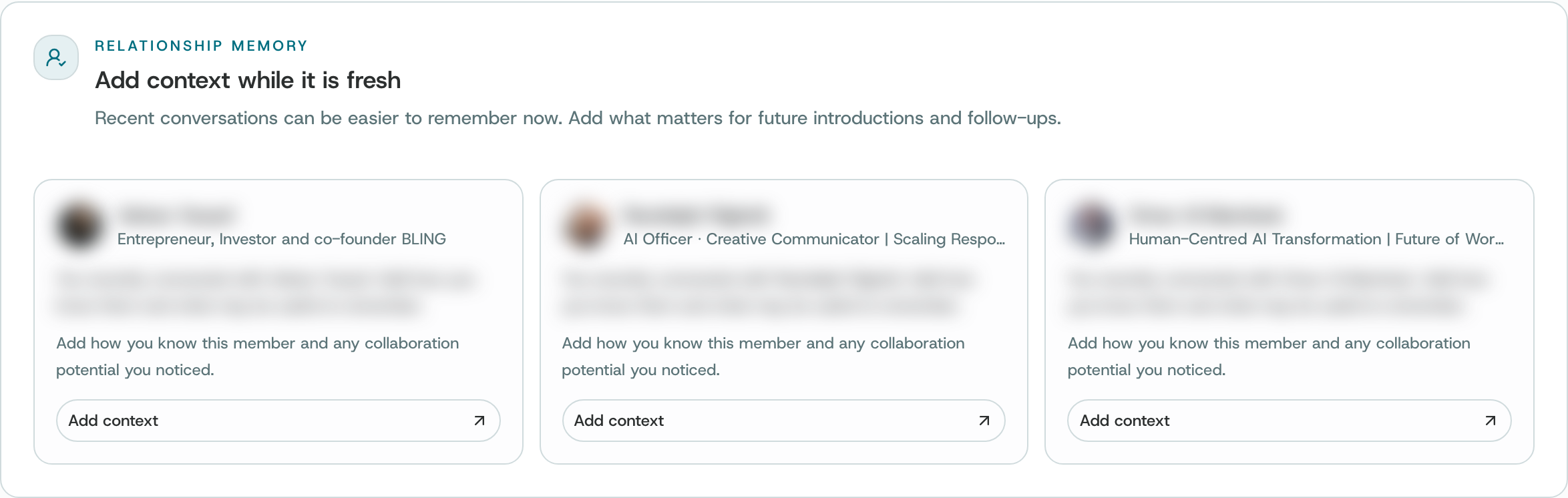 Three cards for recent connections, each with the person's role and an Add context button