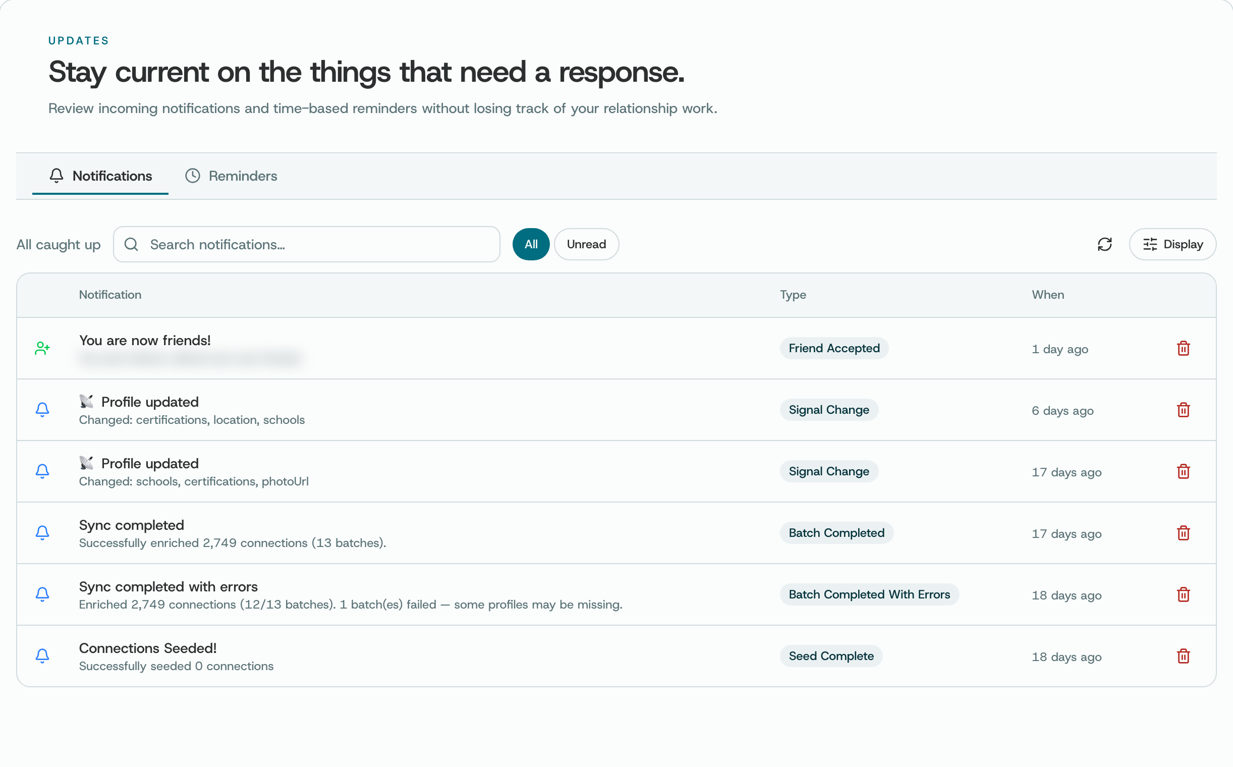 The Notifications tab: a friend request accepted, profile updates and sync results, each with its type and when it happened