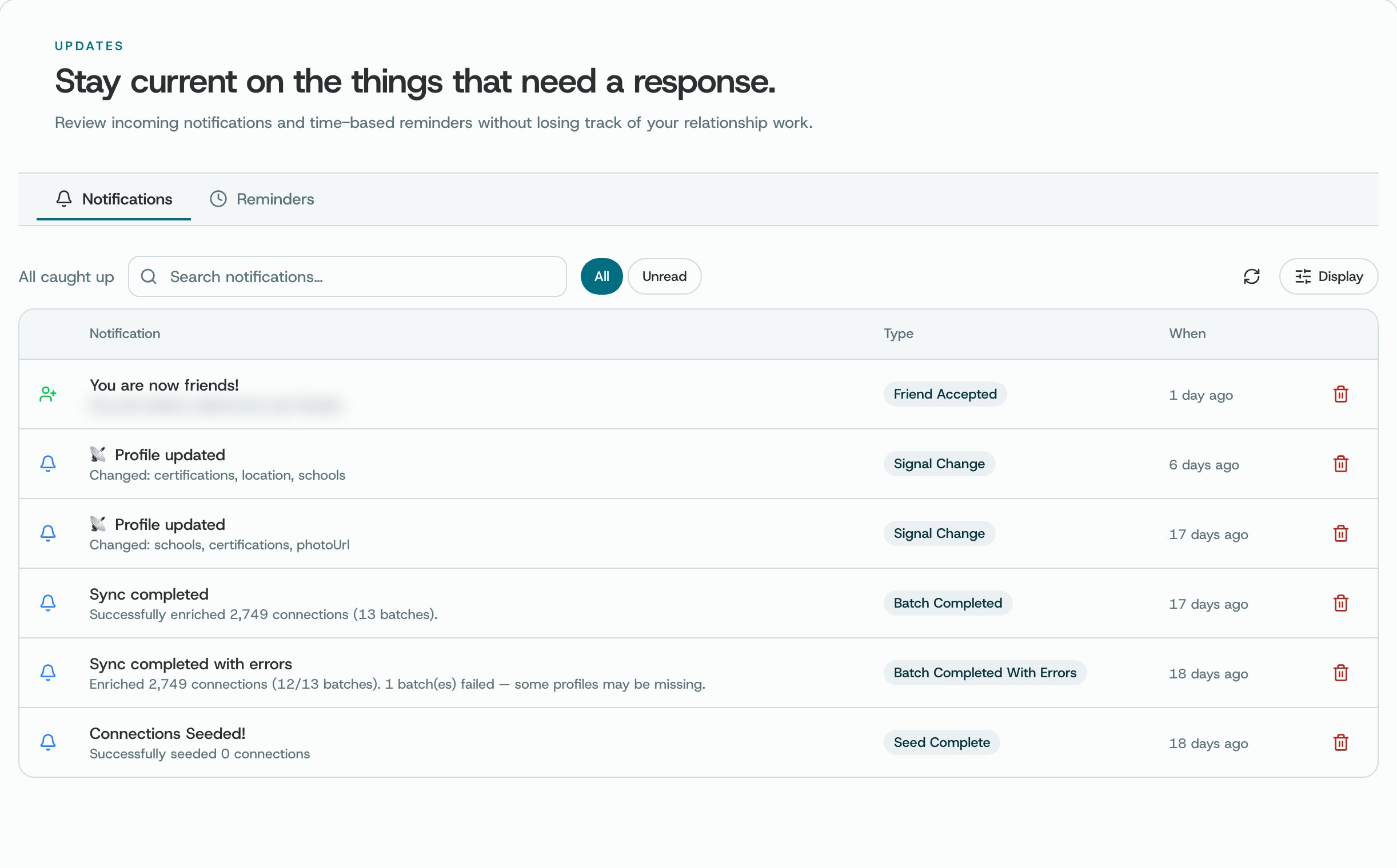 The Notifications tab: a friend request accepted, profile updates and sync results, each with its type and when it happened