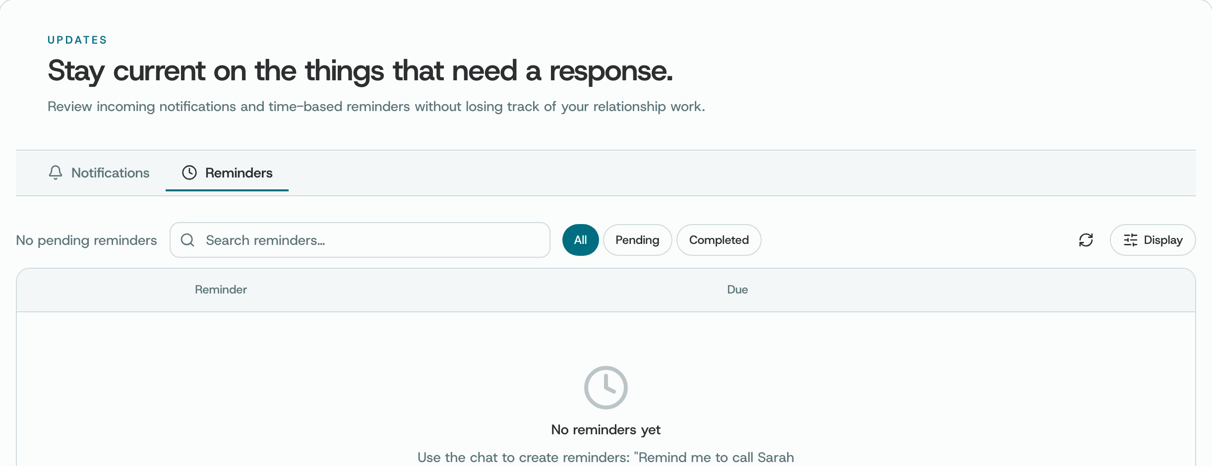 The Reminders tab with filters All, Pending and Completed, and the empty state