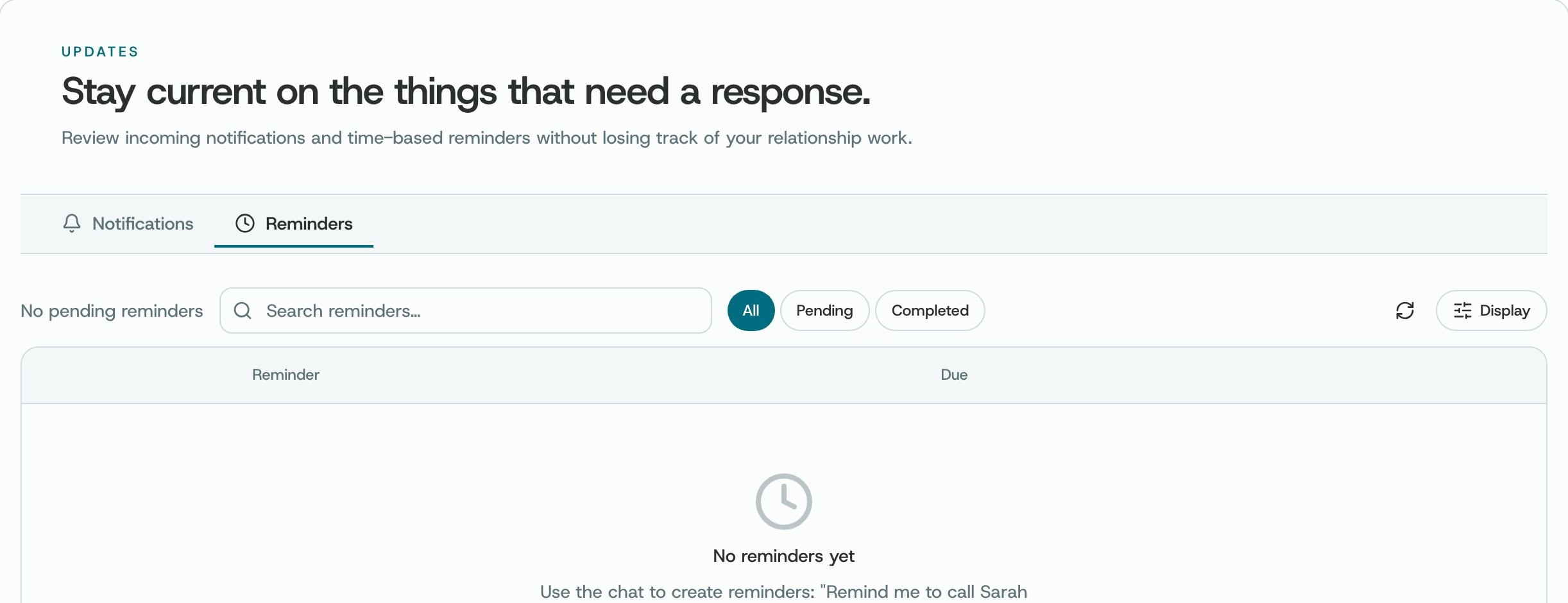The Reminders tab with filters All, Pending and Completed, and the empty state