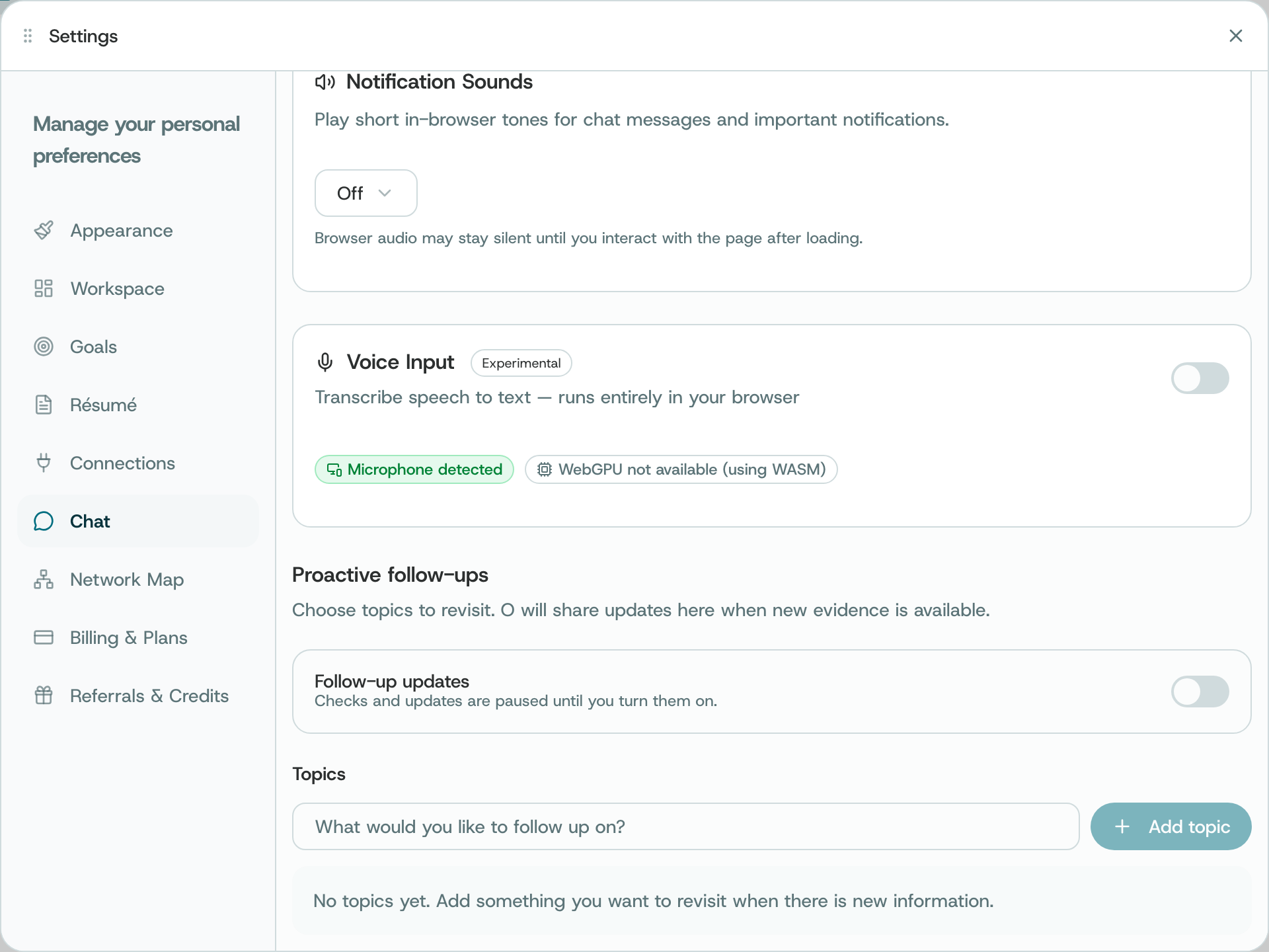 The Proactive follow-ups section: the Follow-up updates switch, a topic field and Add topic
