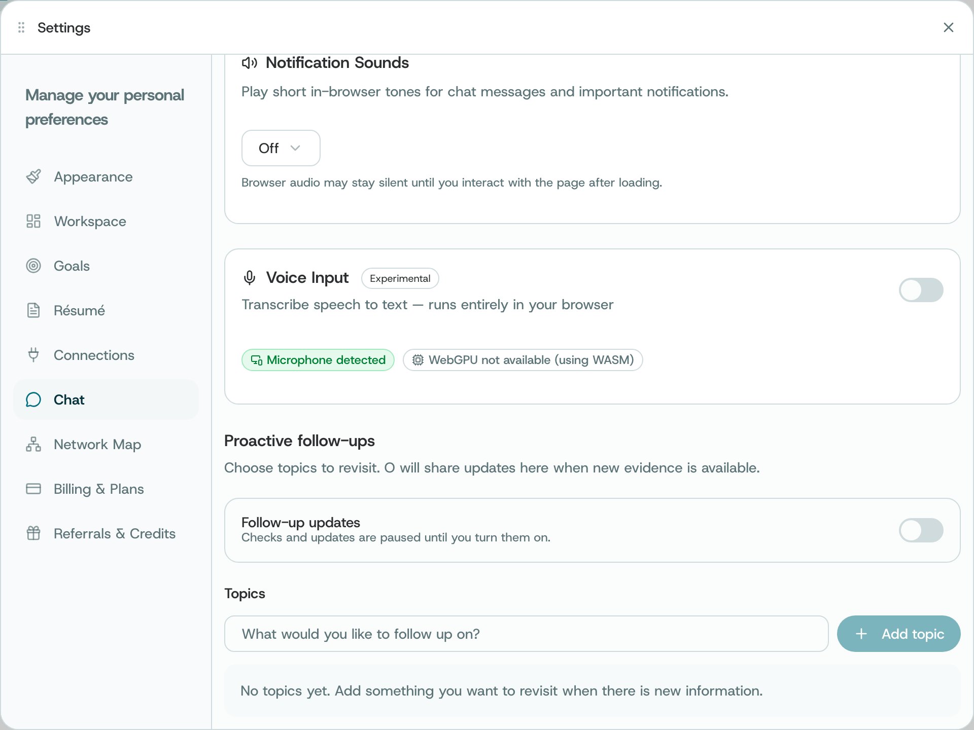 The Proactive follow-ups section: the Follow-up updates switch, a topic field and Add topic