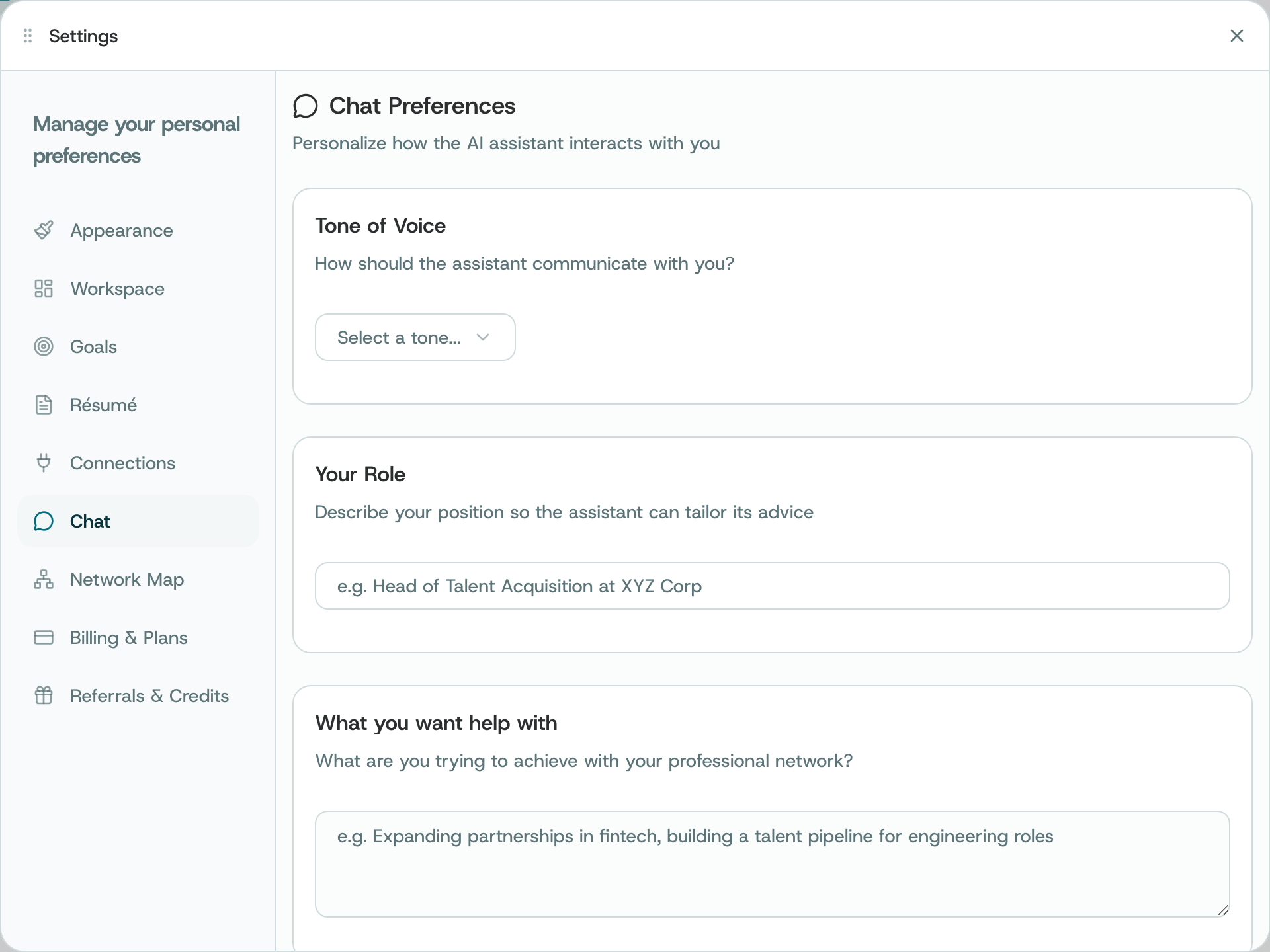 The Chat pane in Settings, with Tone of Voice, Your Role and What you want help with