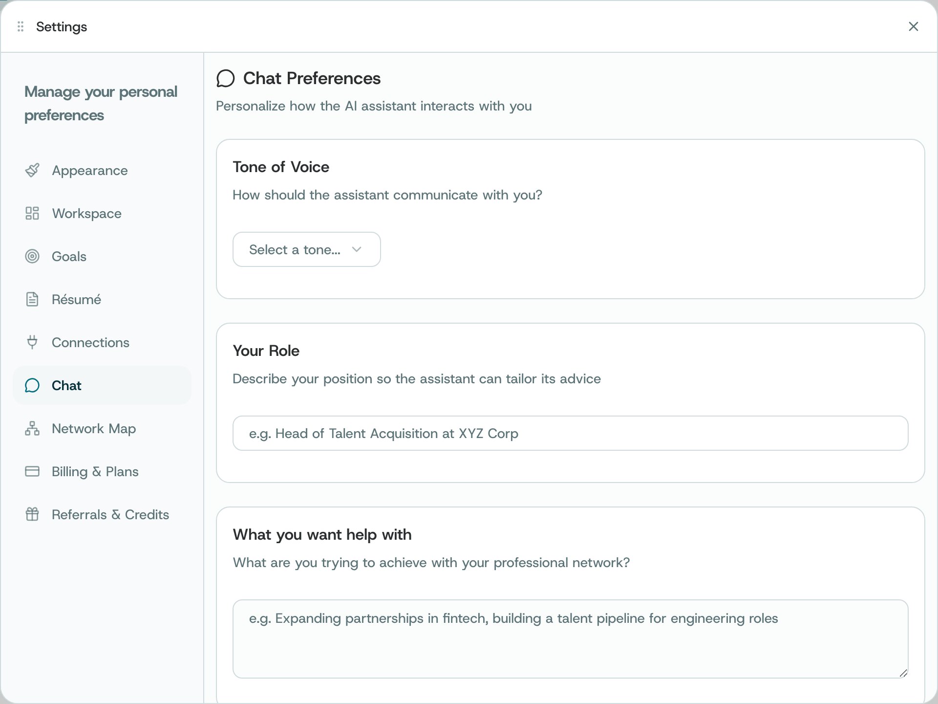 The Chat pane in Settings, with Tone of Voice, Your Role and What you want help with