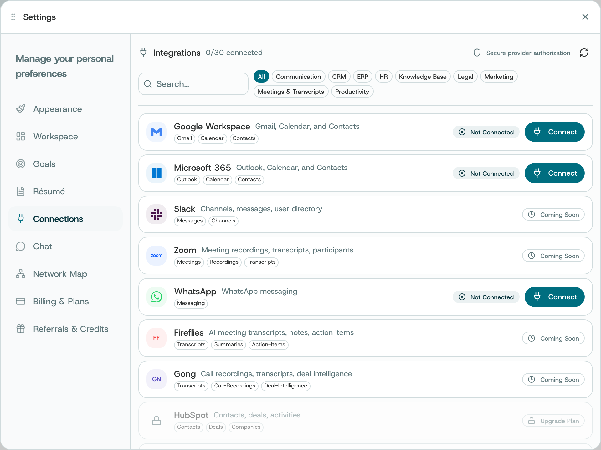 The Integrations list: Google Workspace, Microsoft 365 and WhatsApp with Connect buttons, others marked Coming Soon or Upgrade Plan