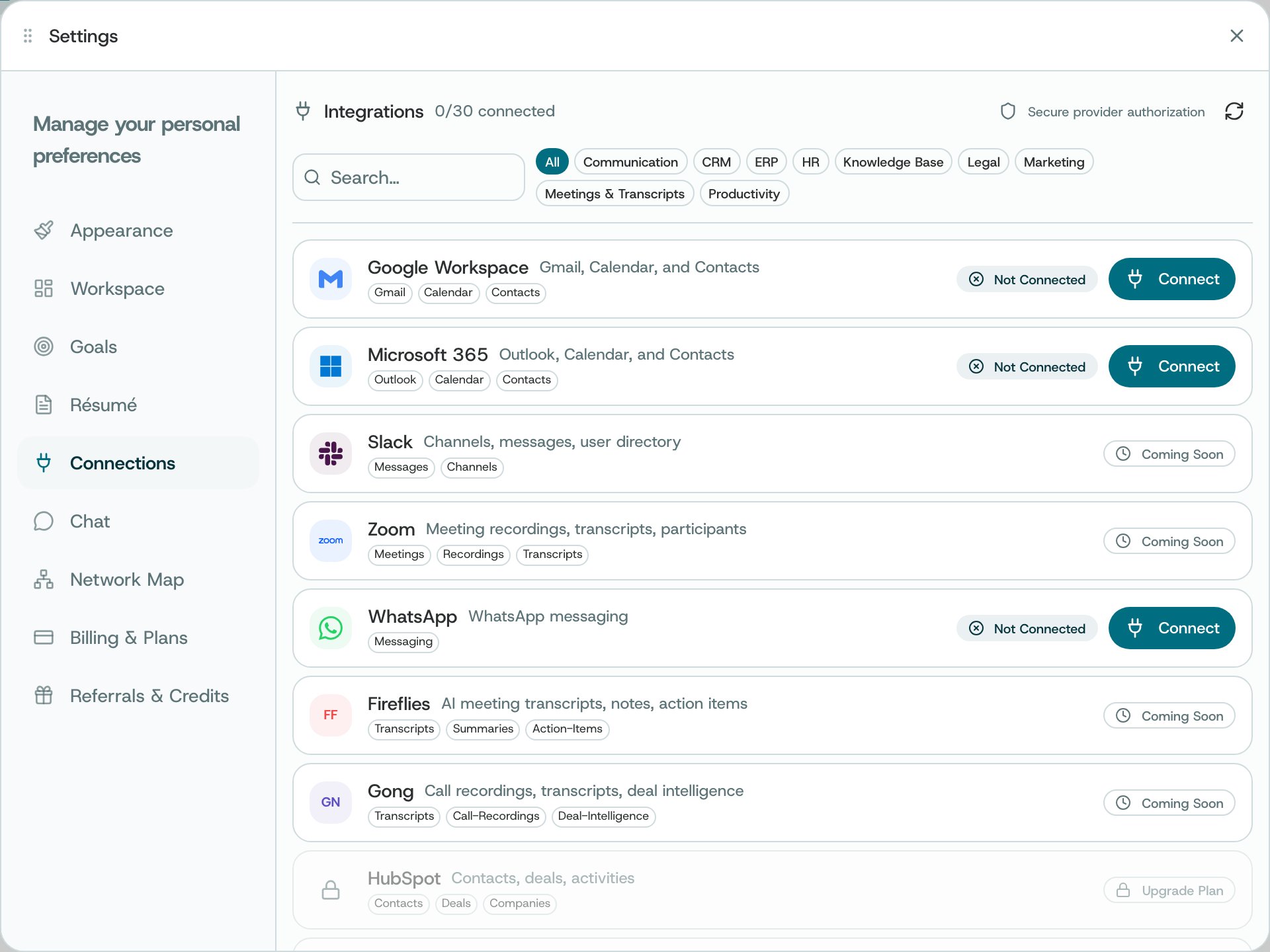 The Integrations list: Google Workspace, Microsoft 365 and WhatsApp with Connect buttons, others marked Coming Soon or Upgrade Plan