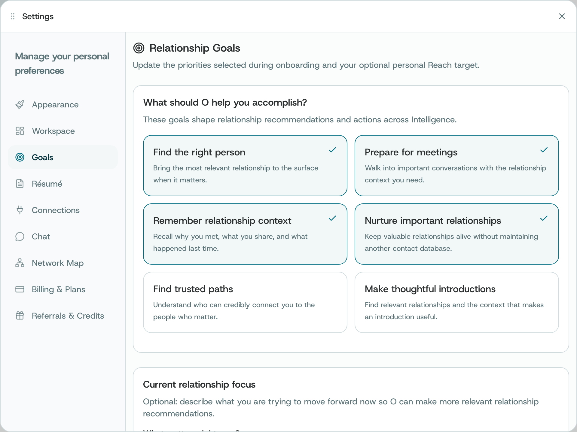 The Relationship Goals pane, with six goal cards and four selected