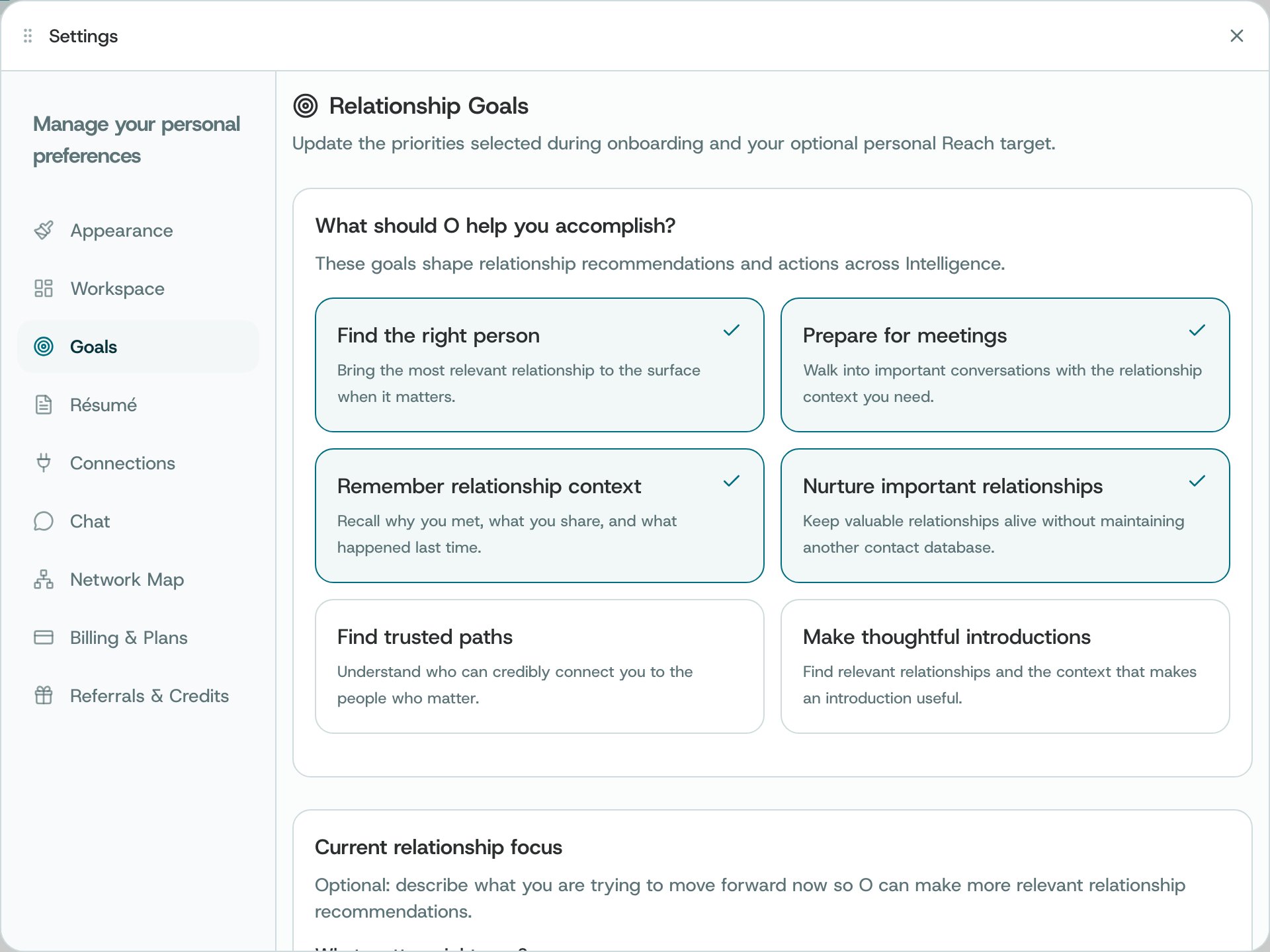The Relationship Goals pane, with six goal cards and four selected