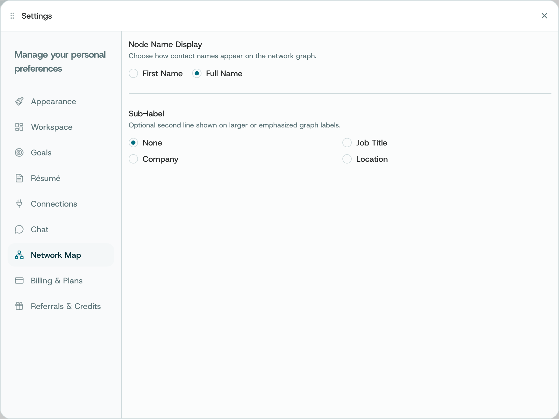 The Network Map pane: Node Name Display and Sub-label options