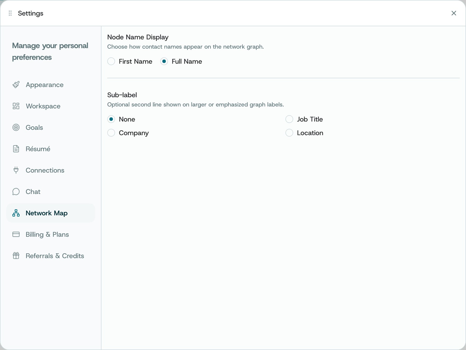 The Network Map pane: Node Name Display and Sub-label options