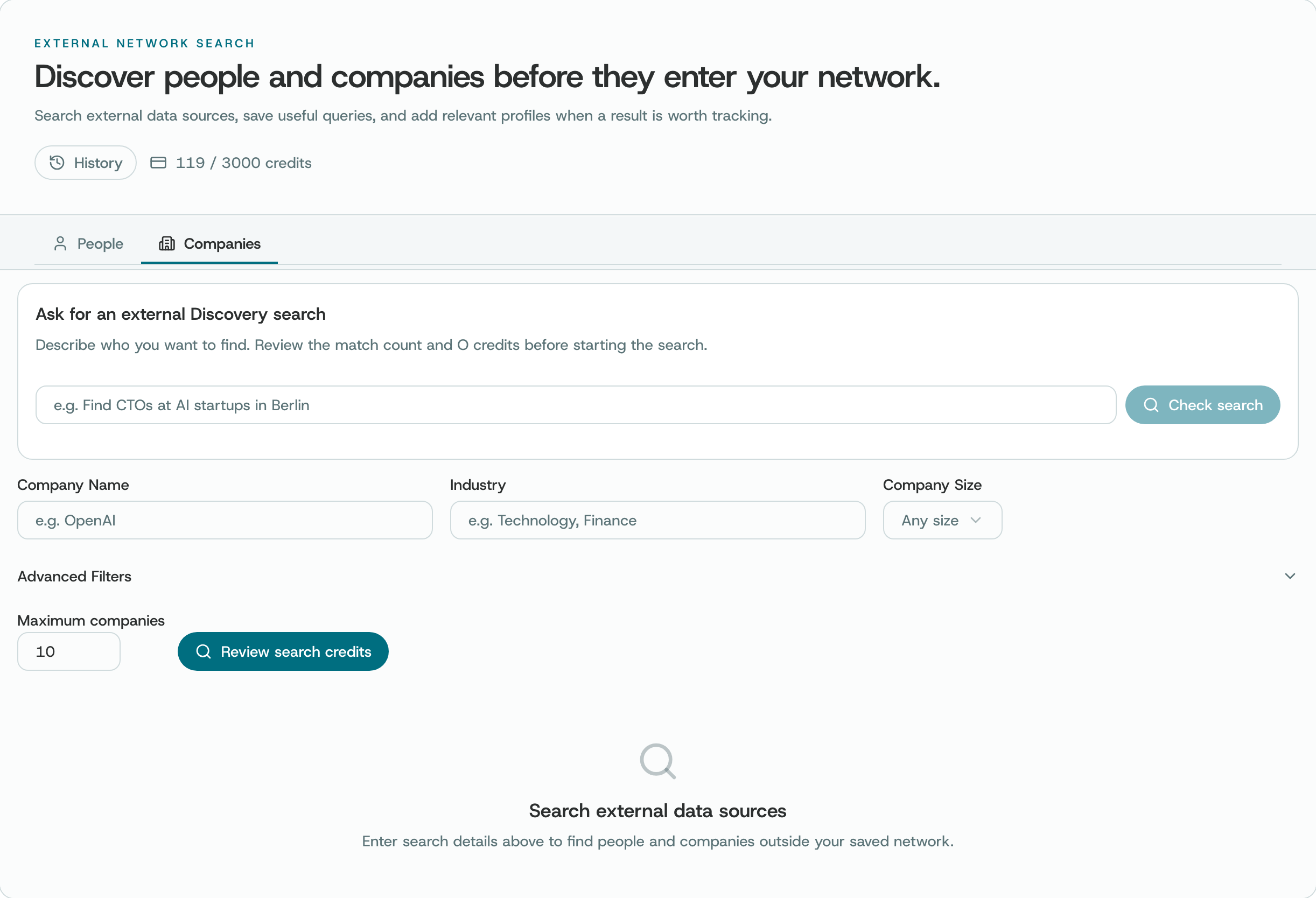 Company search: company name, industry and size, then Review search credits