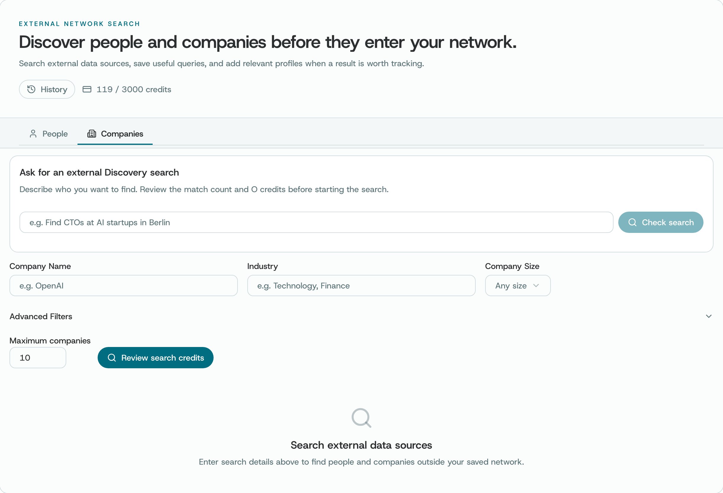 Company search: company name, industry and size, then Review search credits