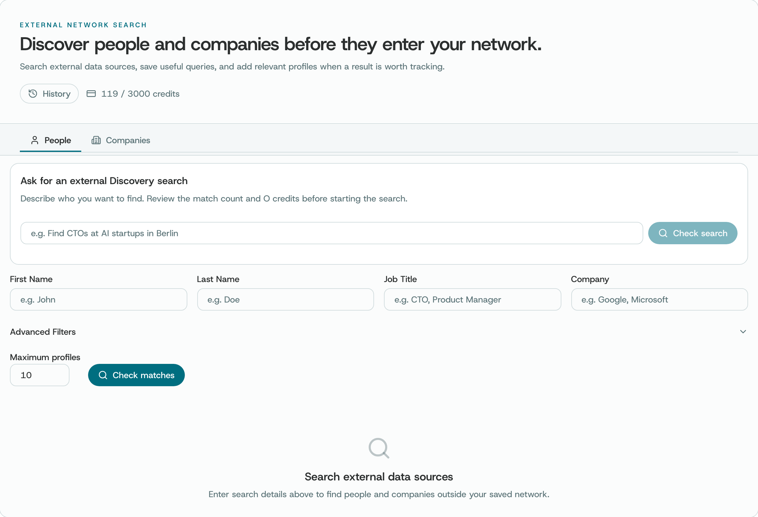 People search: describe who you want to find, or fill in name, job title and company, then Check matches