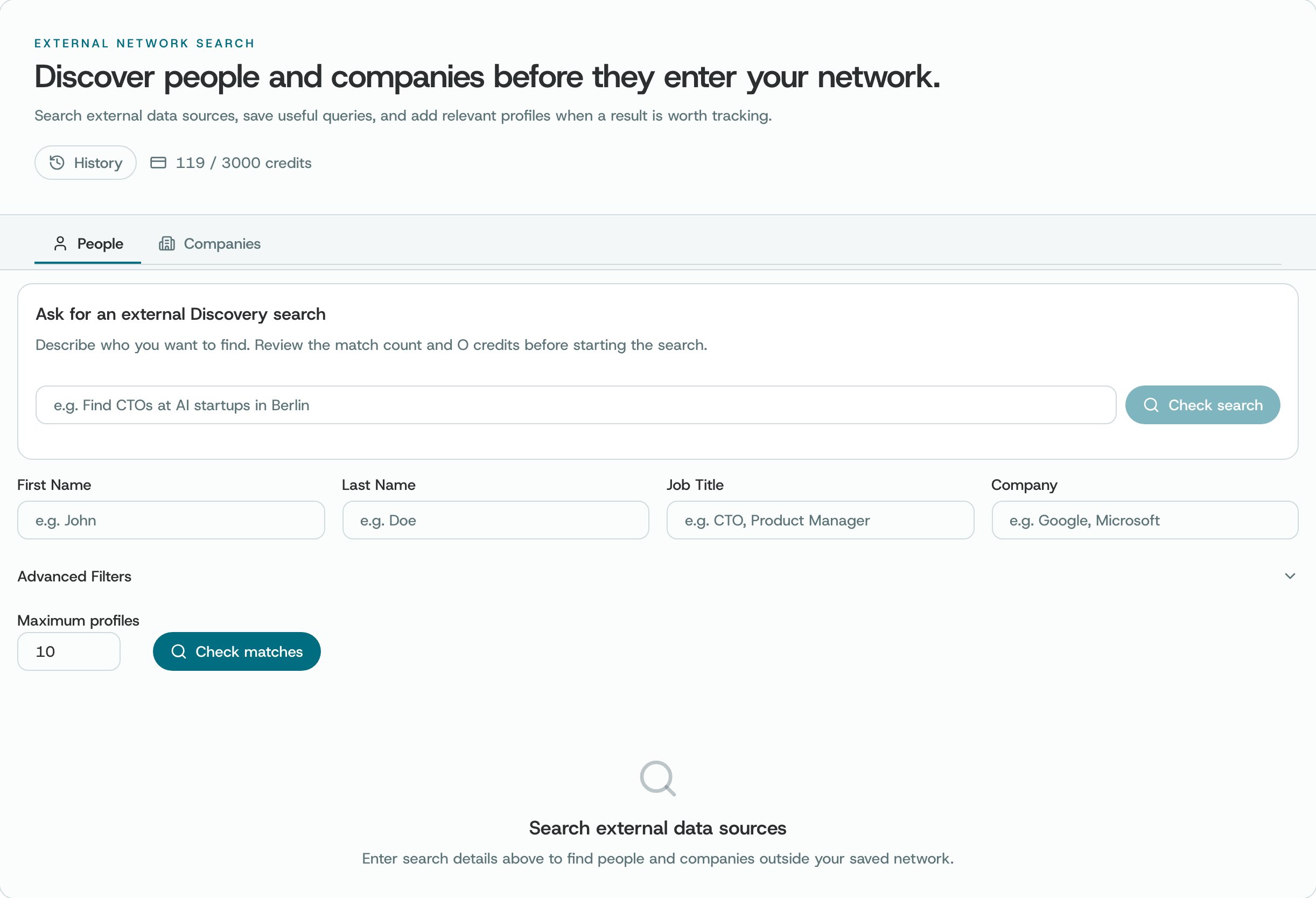 People search: describe who you want to find, or fill in name, job title and company, then Check matches