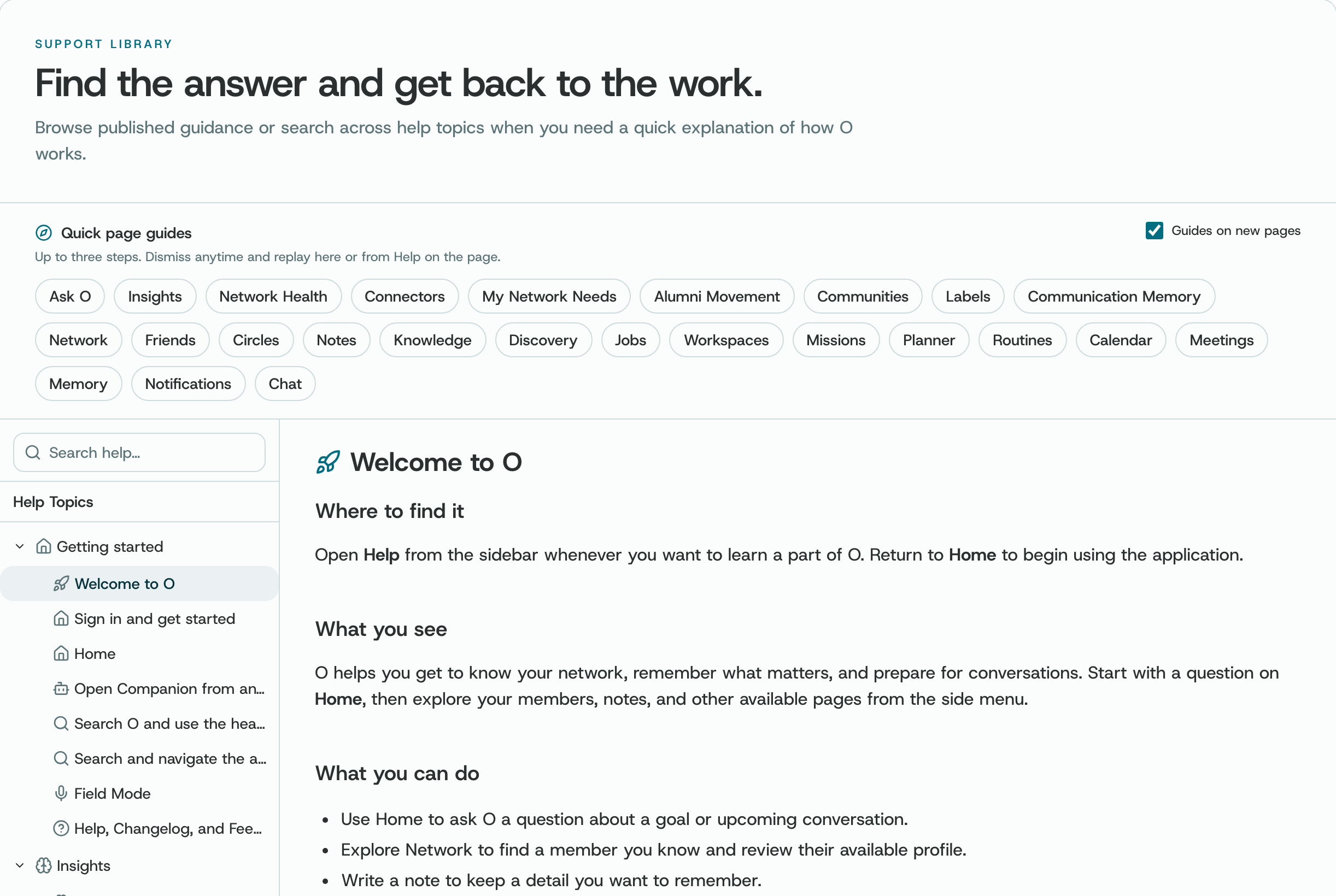 The Help page: quick page guides and help topics