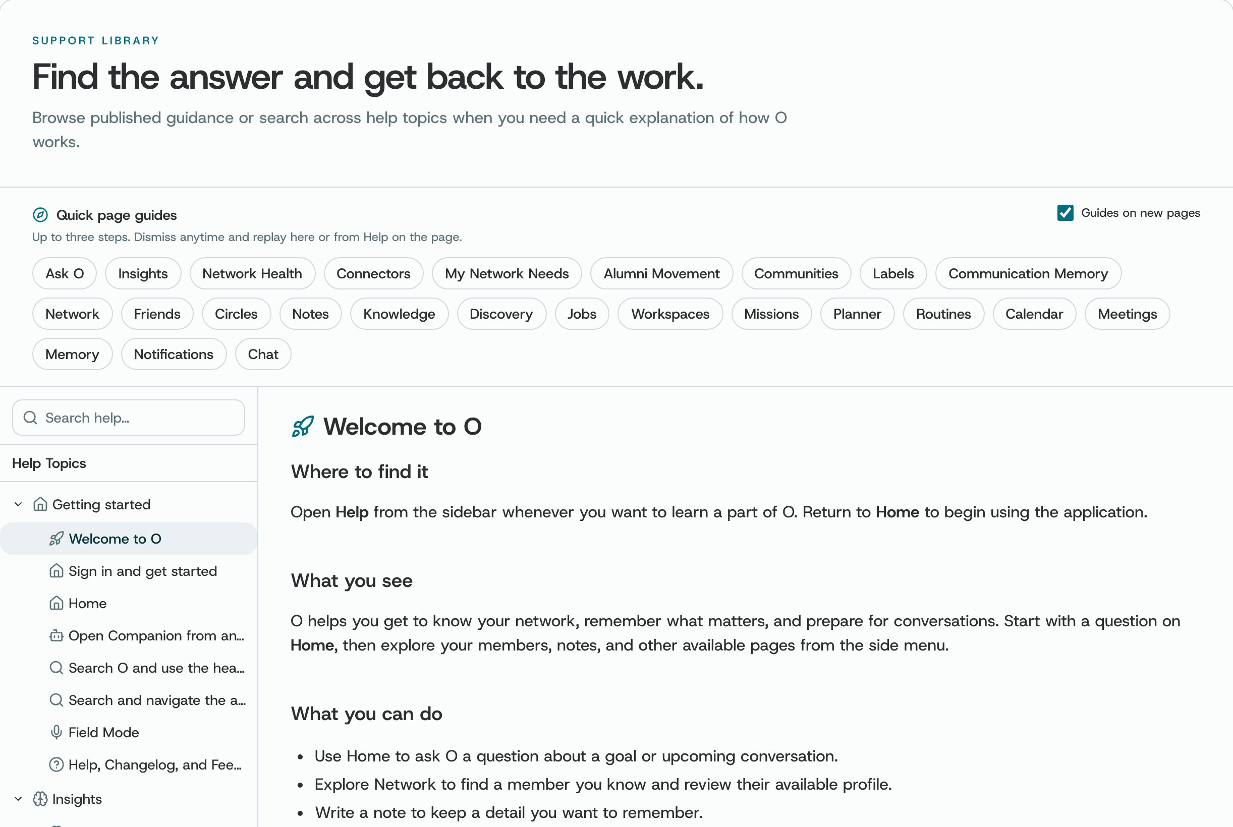 The Help page: quick page guides and help topics