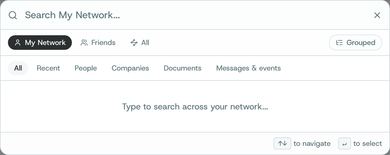 The search box with My Network, Friends and All, and filters for People, Companies, Documents and Messages & events