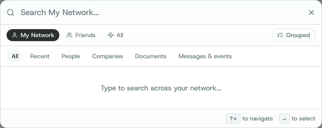 The search box with My Network, Friends and All, and filters for People, Companies, Documents and Messages & events