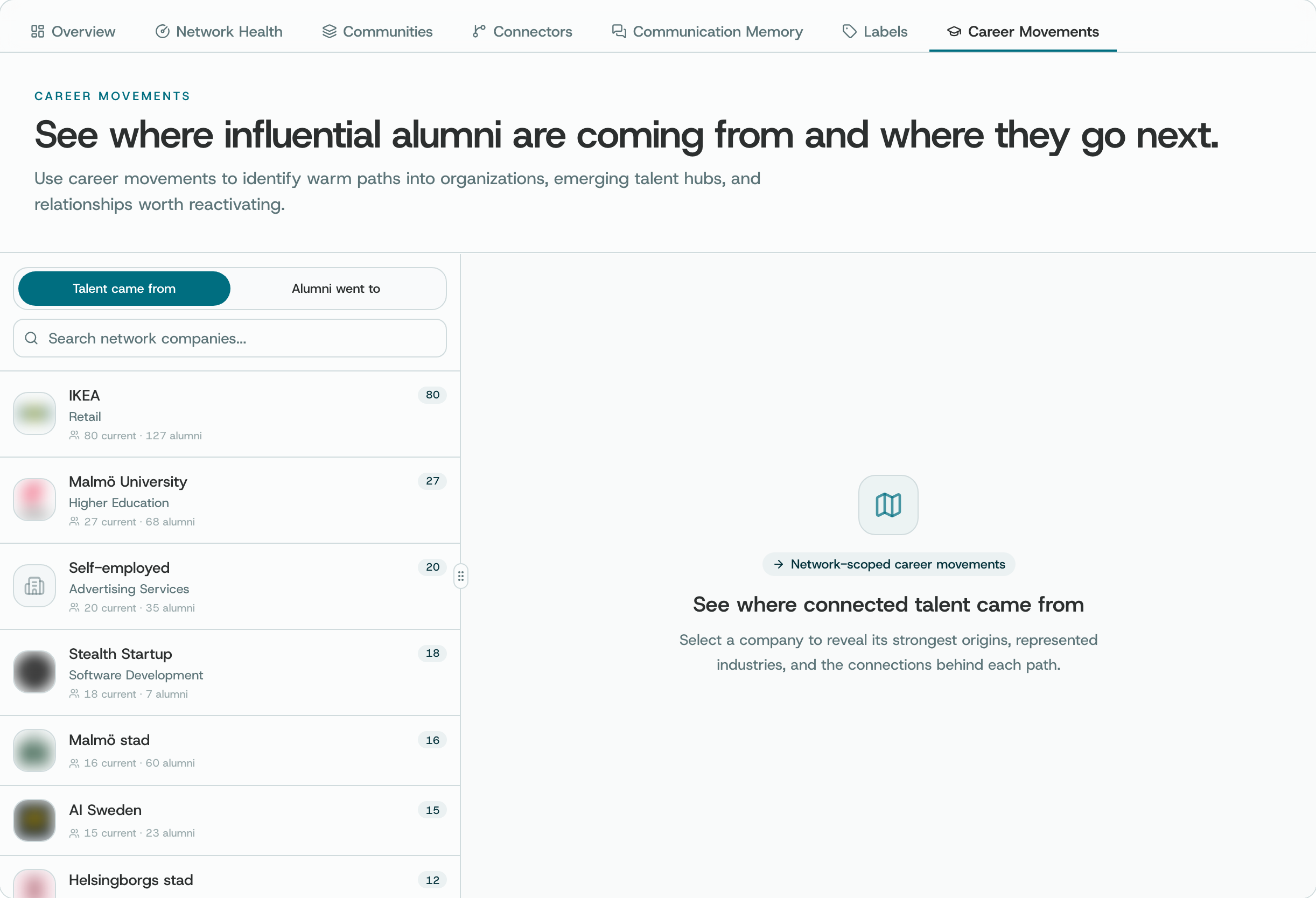 Career Movements: the organisations your contacts came from, with how many people are there now and how many are alumni