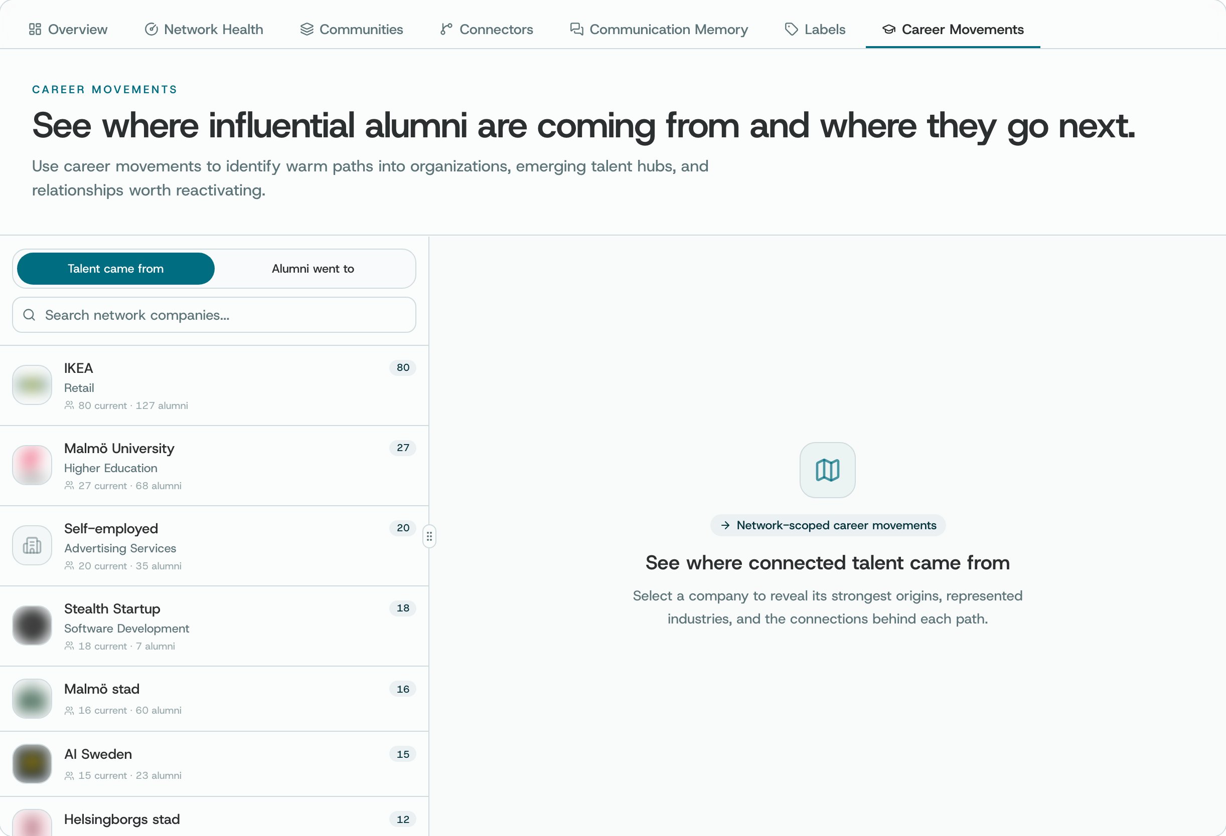 Career Movements: the organisations your contacts came from, with how many people are there now and how many are alumni