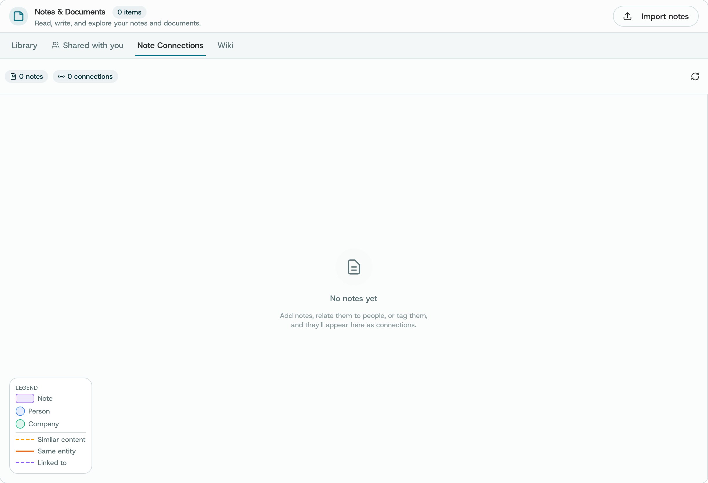 Note Connections with its legend: note, person, company, similar content, same entity, linked to